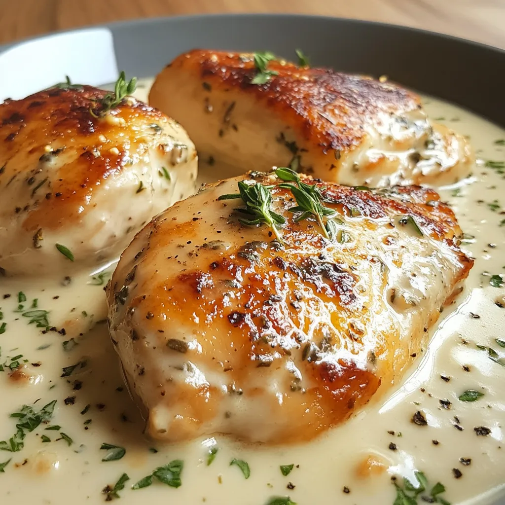 Assiette de poulet sauce Boursin à l’ail et fines herbes, nappée d’une sauce crémeuse et accompagnée de pâtes fraîches.