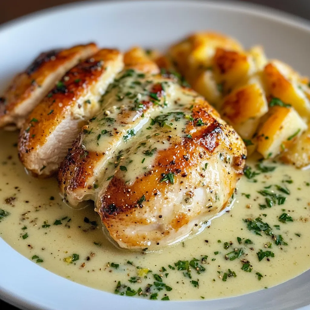 Poulet sauce Boursin à l’ail et fines herbes, servi avec du riz basmati et décoré de persil frais.
