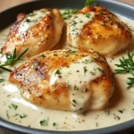 Assiette de poulet sauce Boursin à l’ail et fines herbes, nappée d’une sauce crémeuse et accompagnée de pâtes fraîches.