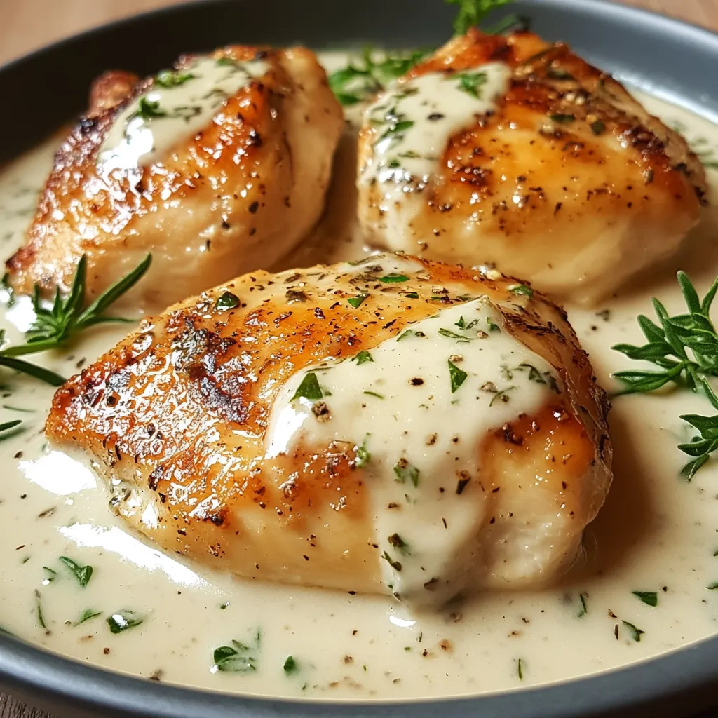 Assiette de poulet sauce Boursin à l’ail et fines herbes, nappée d’une sauce crémeuse et accompagnée de pâtes fraîches.