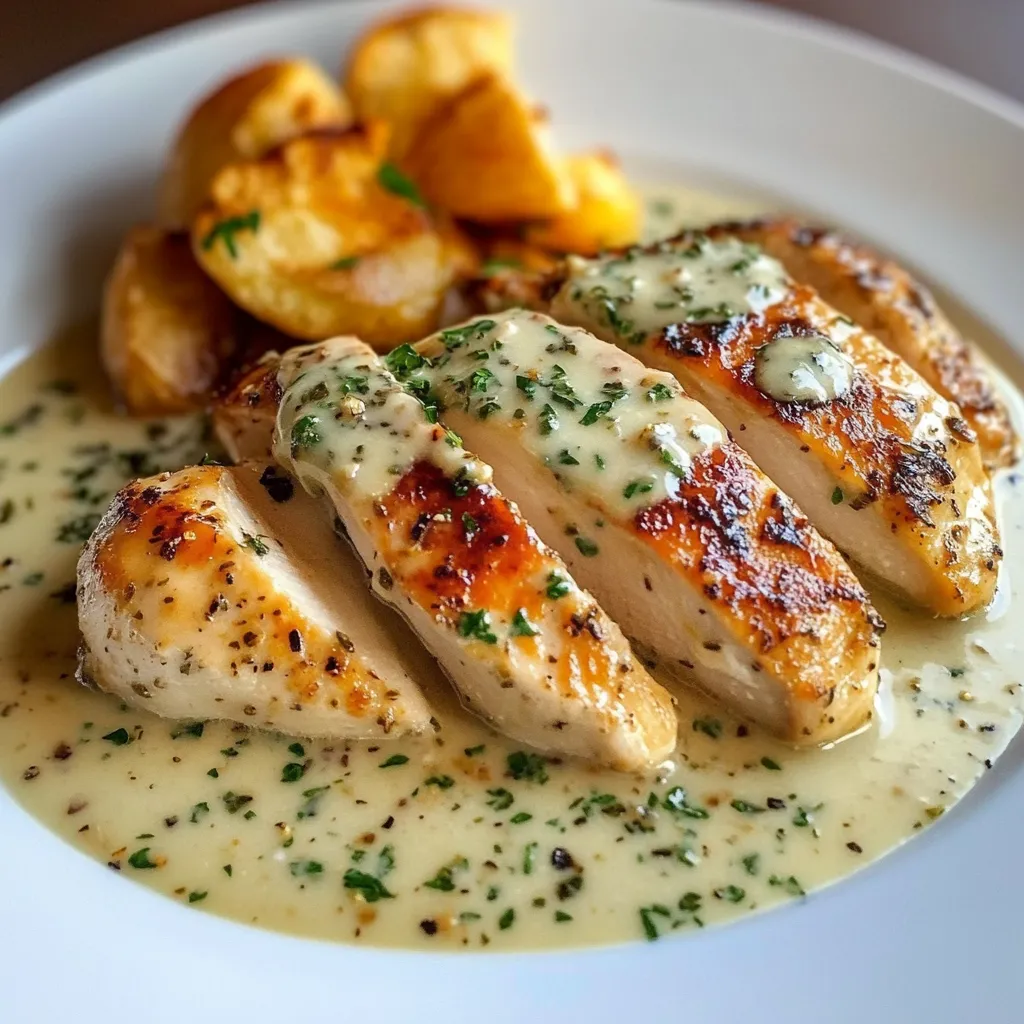 Poulet sauce Boursin à l’ail et fines herbes, servi avec du riz basmati et décoré de persil frais.