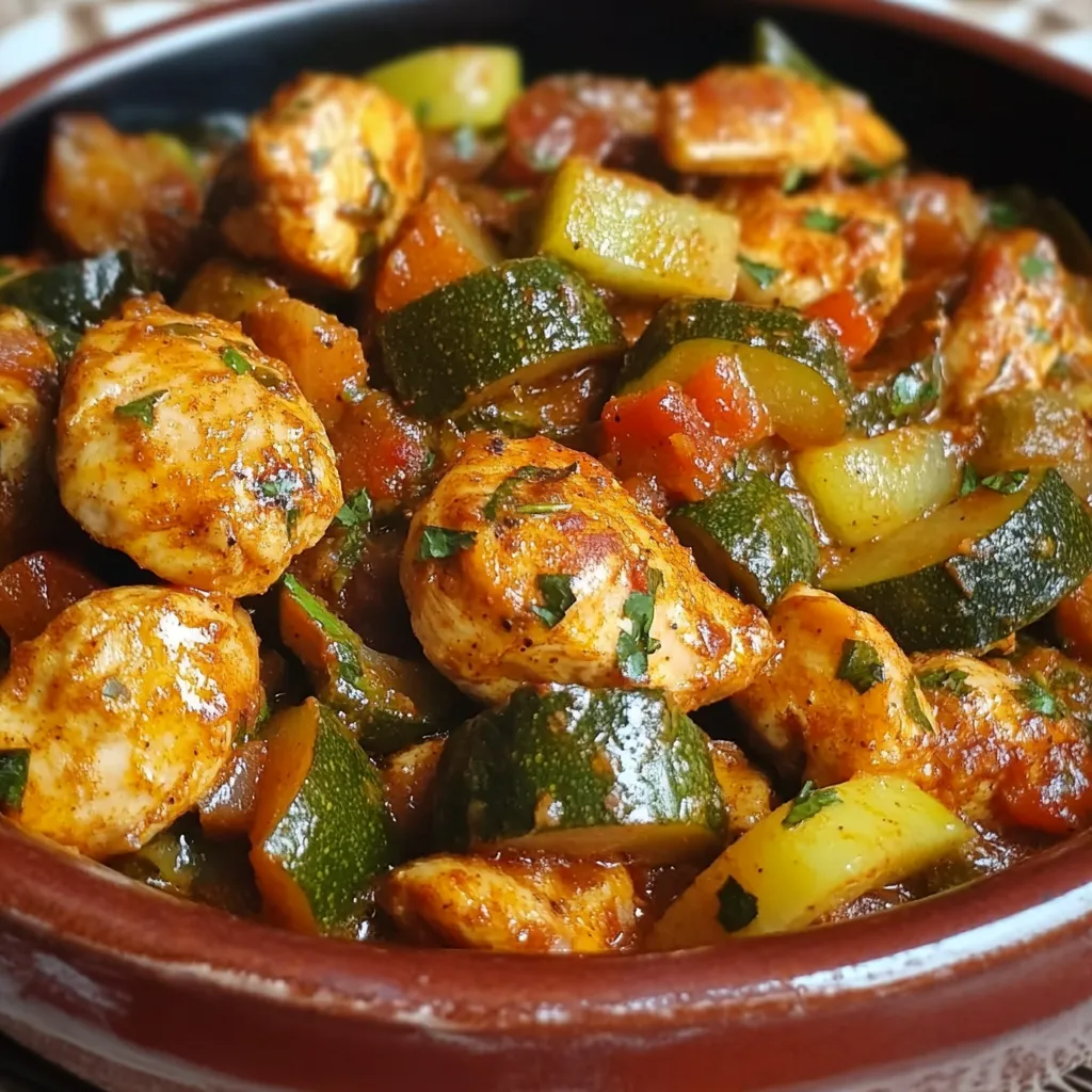 Tajine de poulet aux courgettes servi avec de la semoule et des amandes effilées.