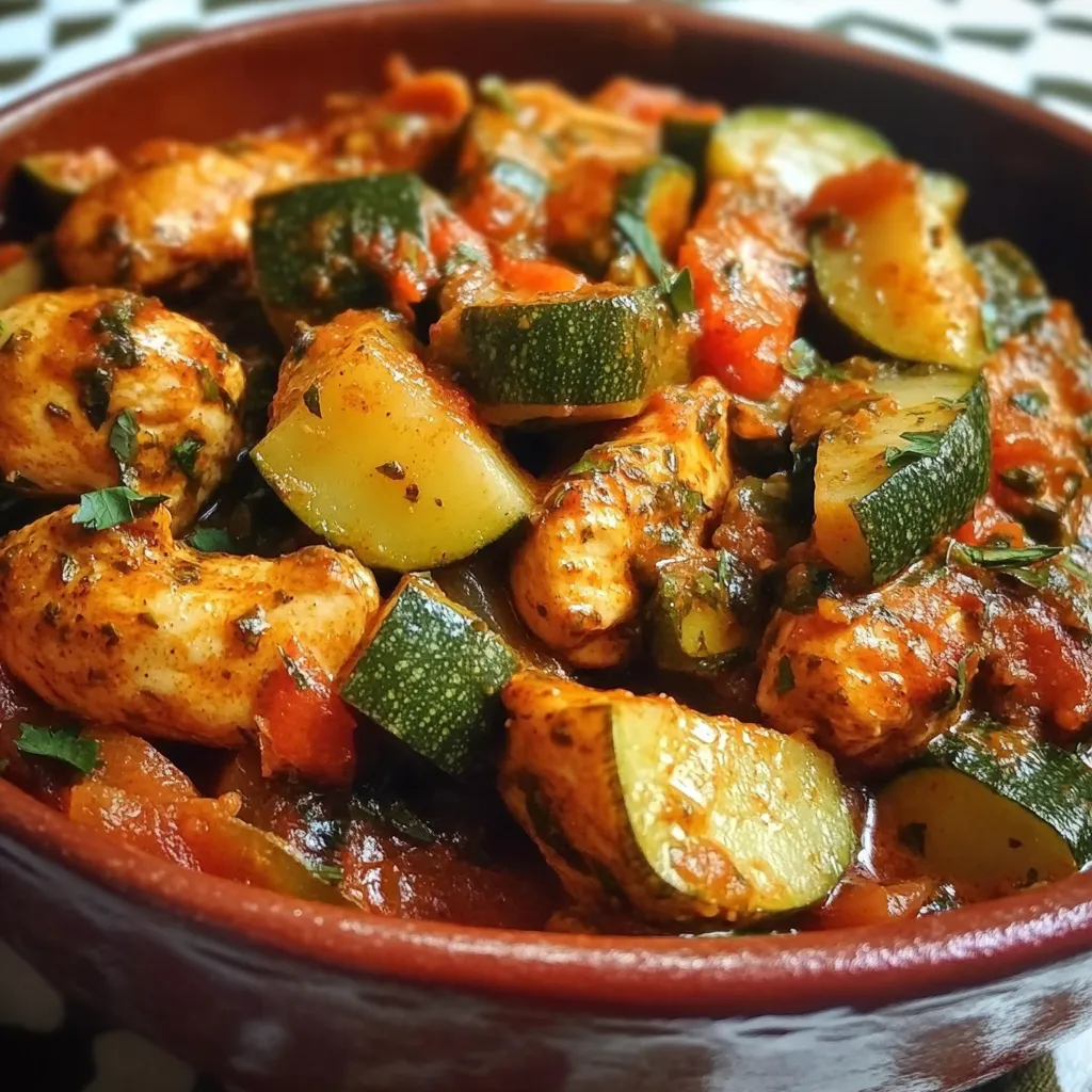 Tajine de poulet aux courgettes servi avec de la semoule et des amandes effilées.