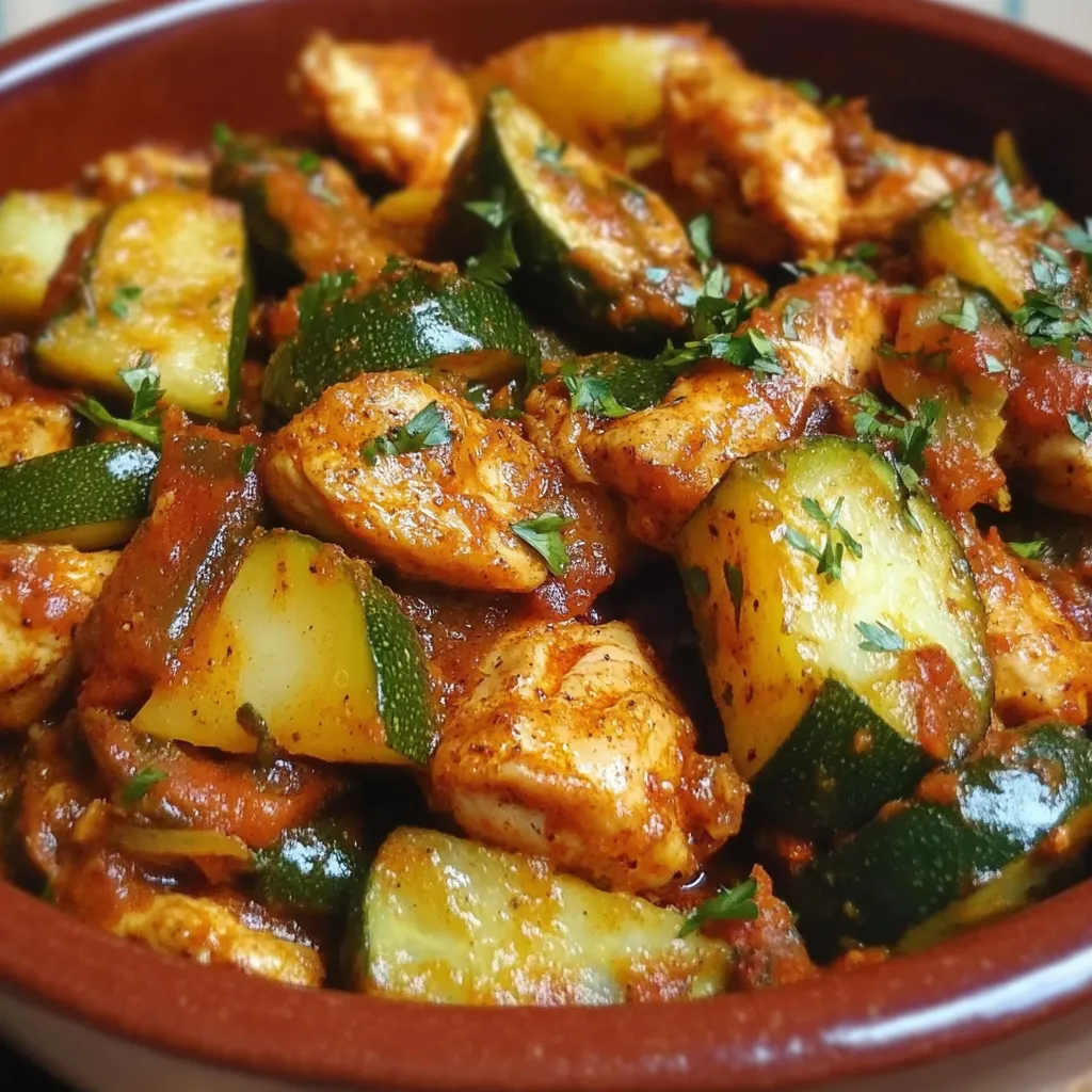 Tajine de poulet aux courgettes servi avec de la semoule et des amandes effilées.