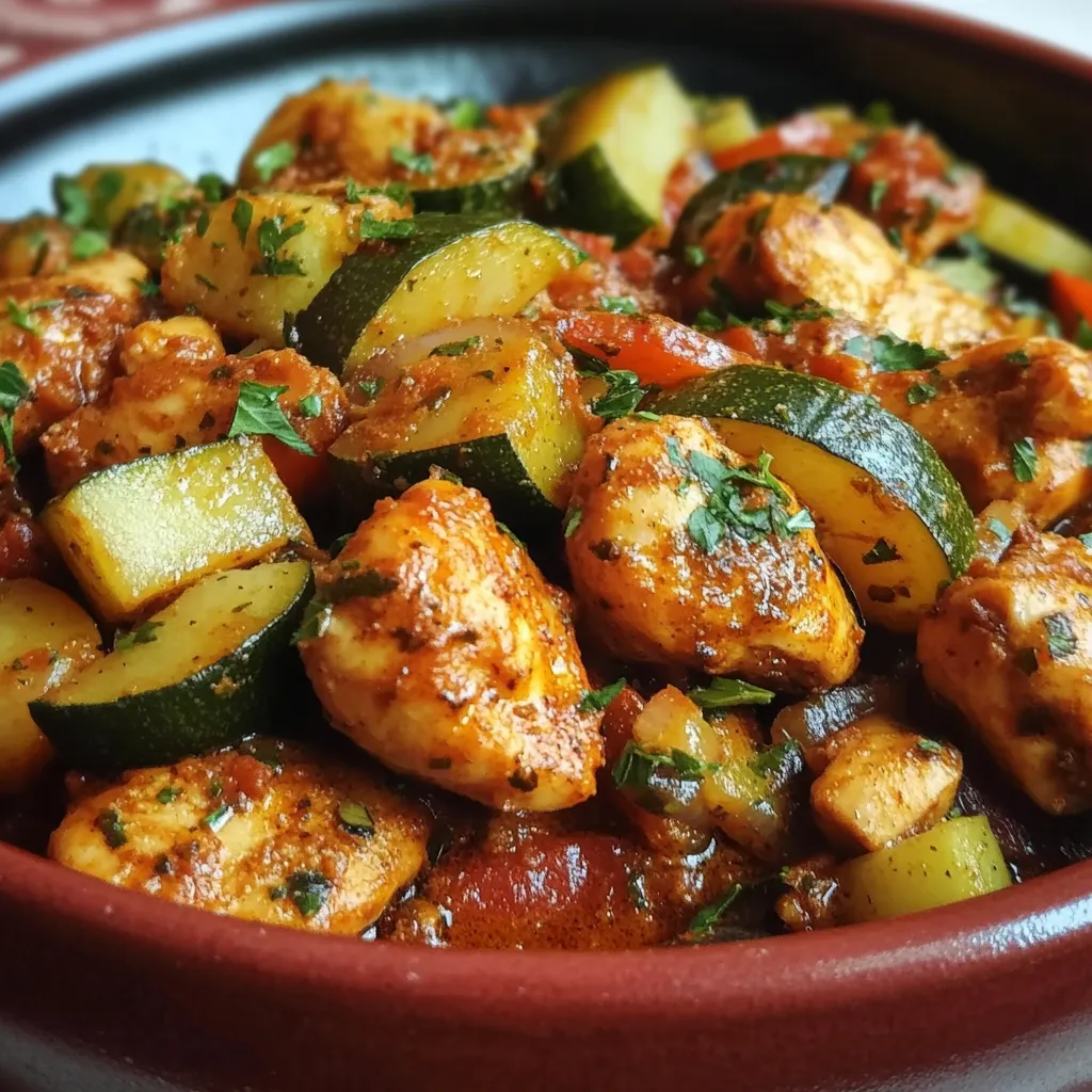 Tajine de poulet aux courgettes servi avec de la semoule et des amandes effilées.