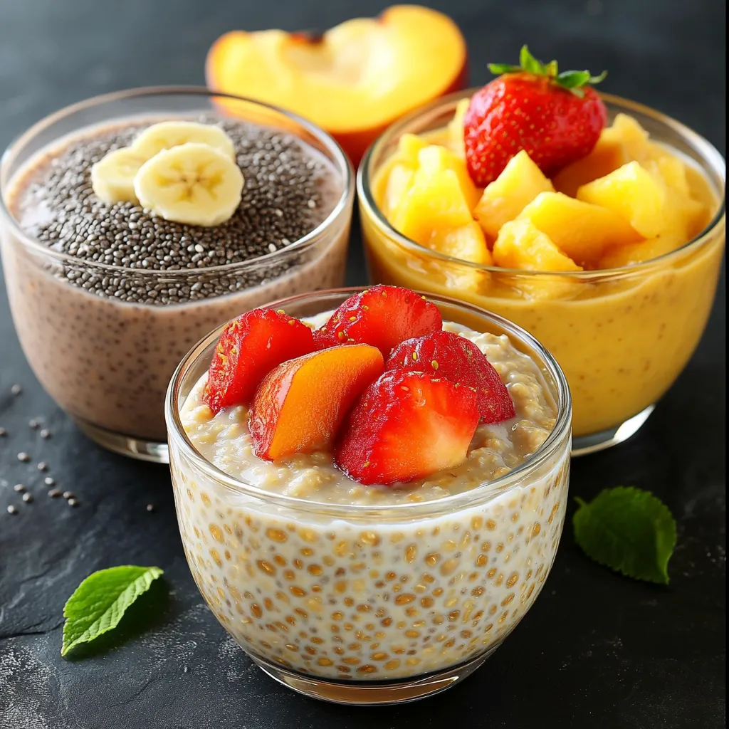 Bol de pudding de chia et avoine garni de fruits frais et de graines, parfait pour un petit-déjeuner équilibré et sain.