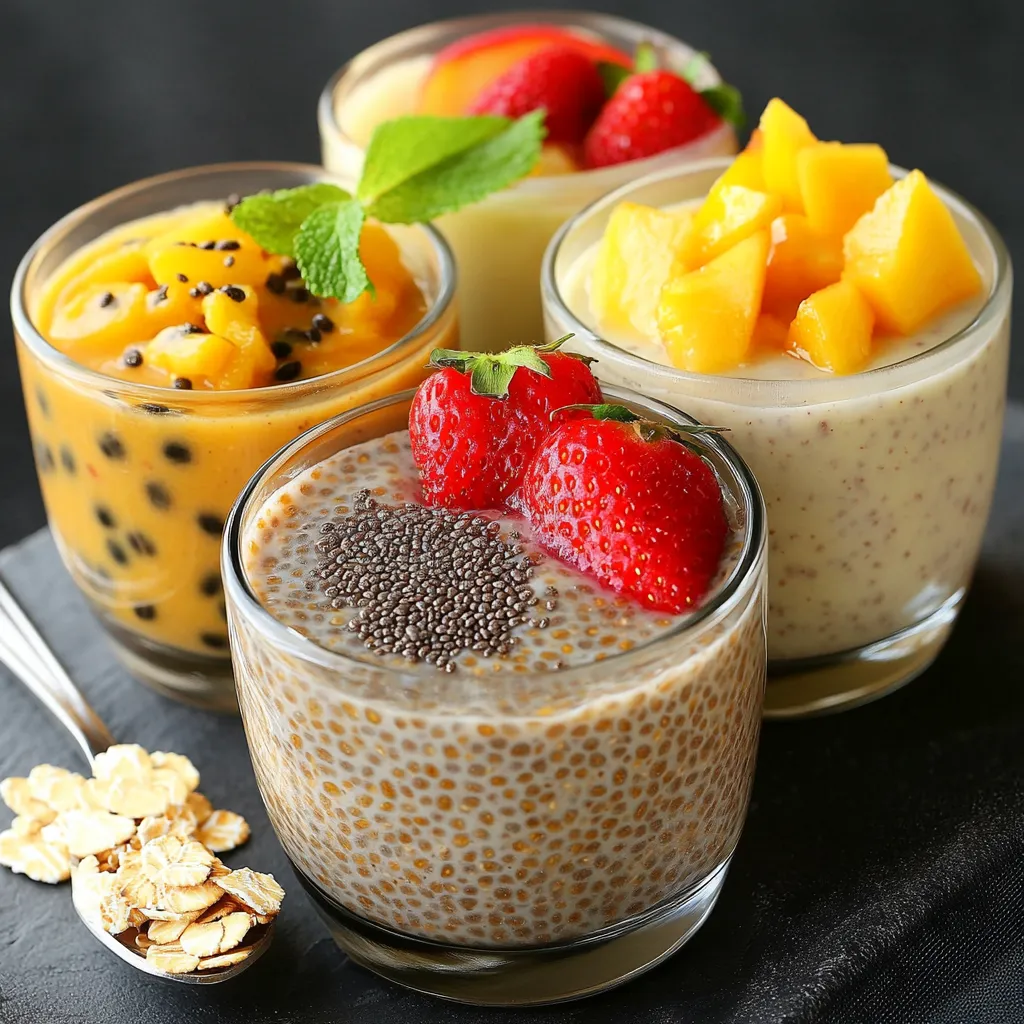Bol de pudding de chia et avoine garni de fruits frais et de graines, parfait pour un petit-déjeuner équilibré et sain.