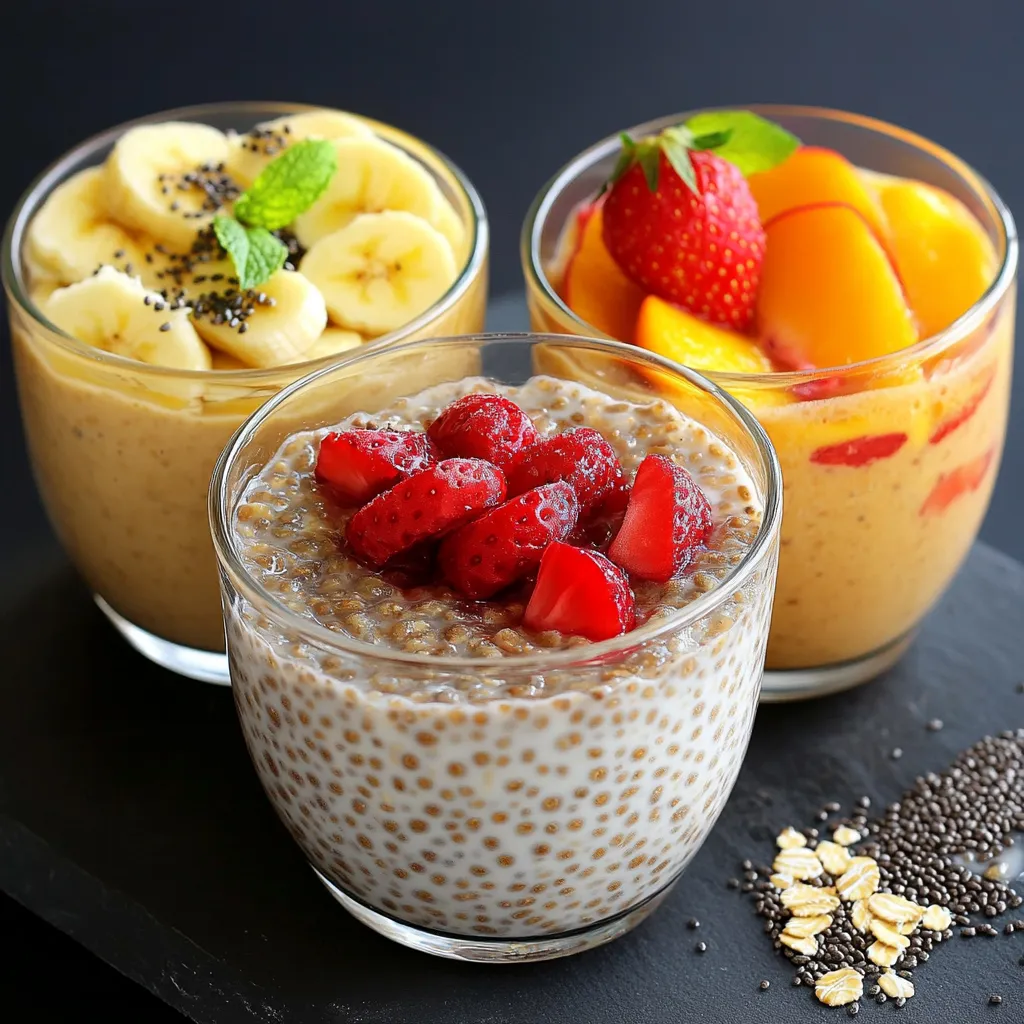 Bol de pudding de chia et avoine garni de fruits frais et de graines, parfait pour un petit-déjeuner équilibré et sain.