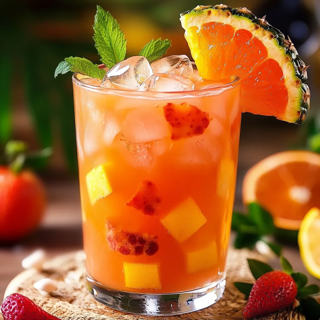 Un verre de Punch Tropical Fraîcheur avec des morceaux de fruits frais et des feuilles de menthe, servi sur une table ensoleillée.