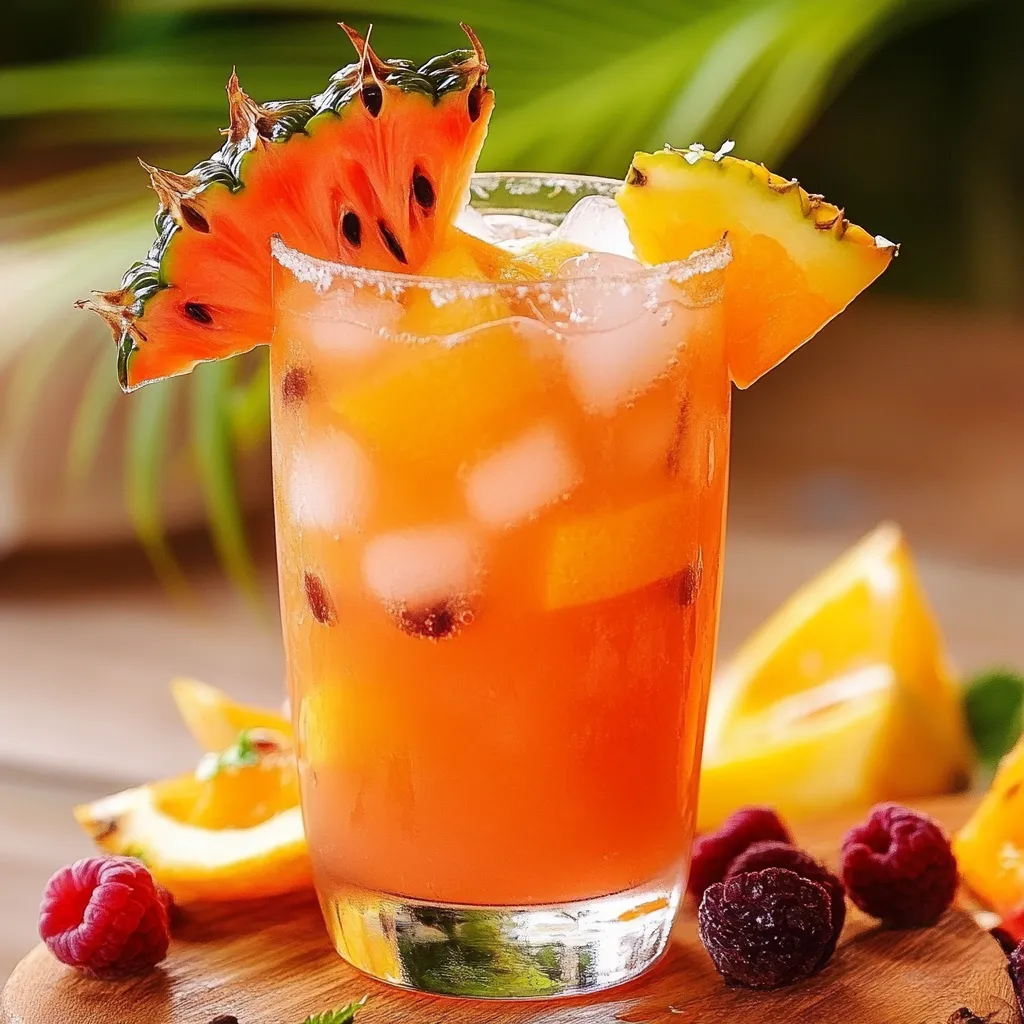 Un verre de Punch Tropical Fraîcheur avec des morceaux de fruits frais et des feuilles de menthe, servi sur une table ensoleillée.