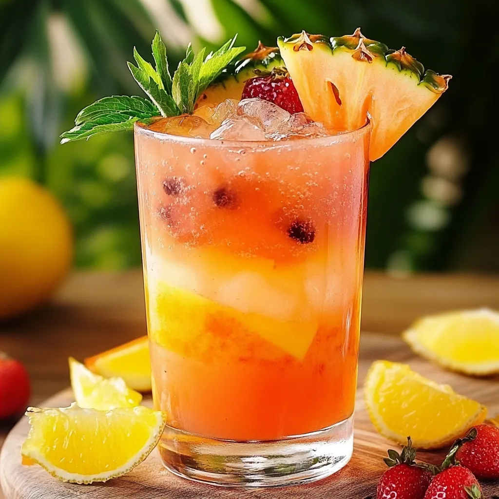Un verre de Punch Tropical Fraîcheur avec des morceaux de fruits frais et des feuilles de menthe, servi sur une table ensoleillée.