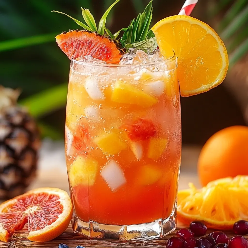 Un verre de Punch Tropical Fraîcheur avec des morceaux de fruits frais et des feuilles de menthe, servi sur une table ensoleillée.