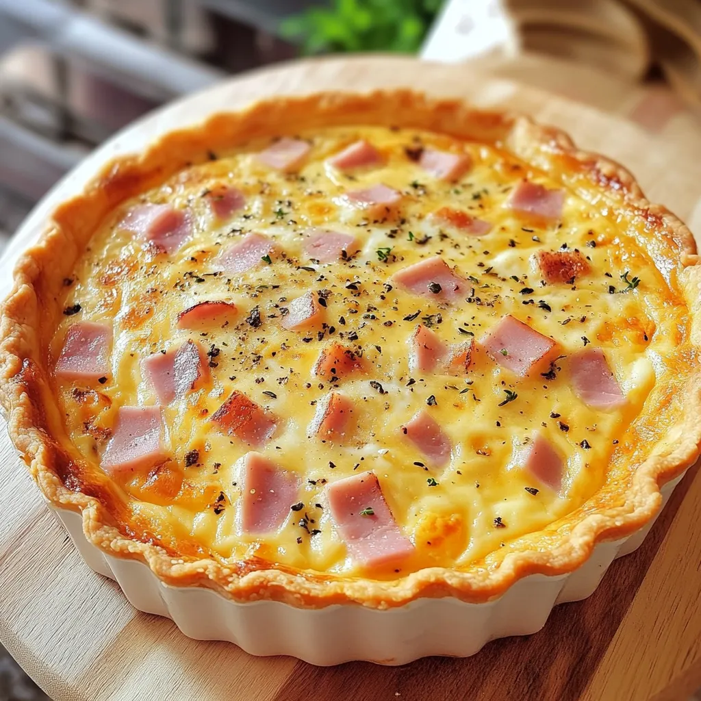 Part de quiche légère au jambon et fromage à raclette sans pâte, servie avec une salade verte.