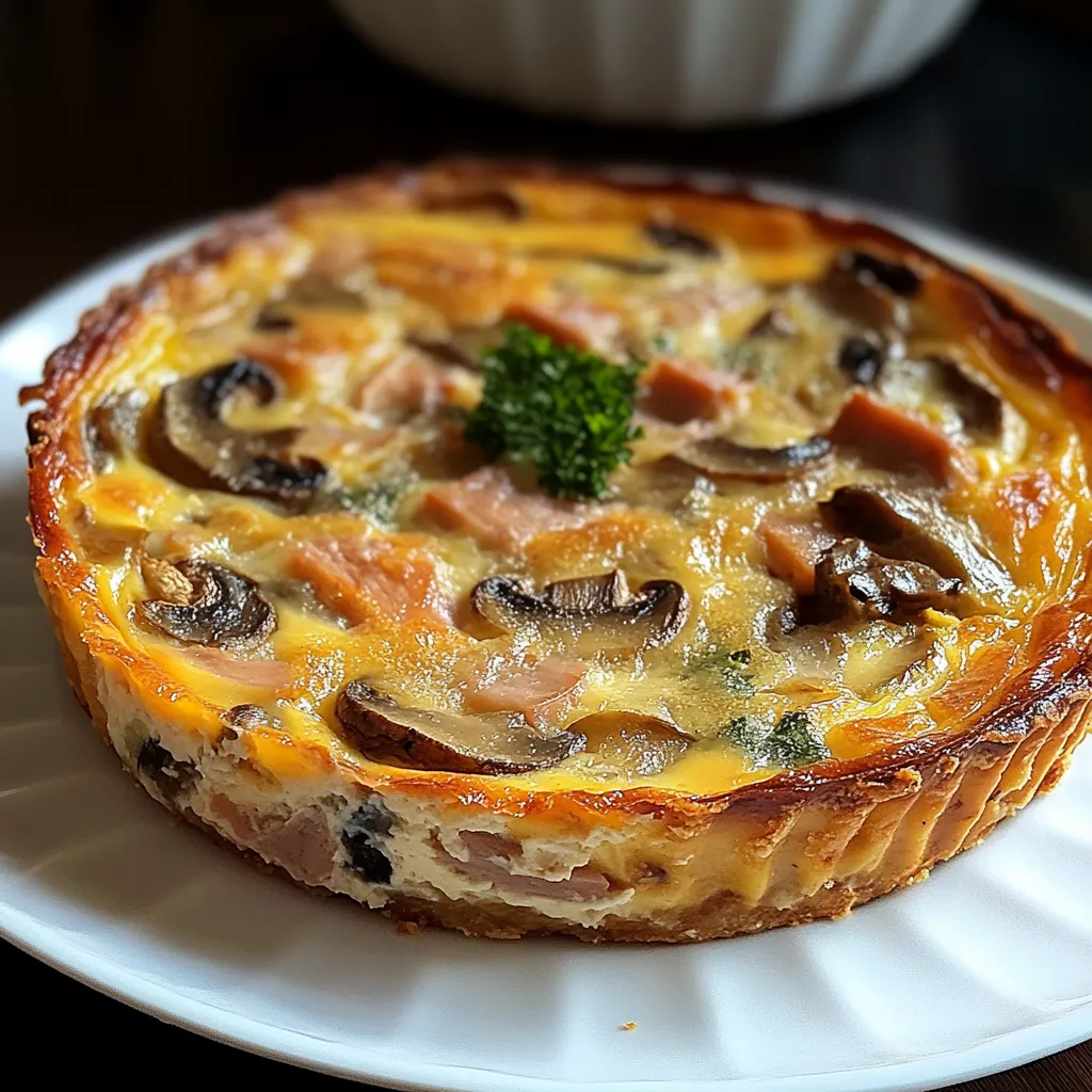 Quiche sans pâte au thon et champignons dorée, servie dans un plat, avec une texture moelleuse et une garniture généreuse.