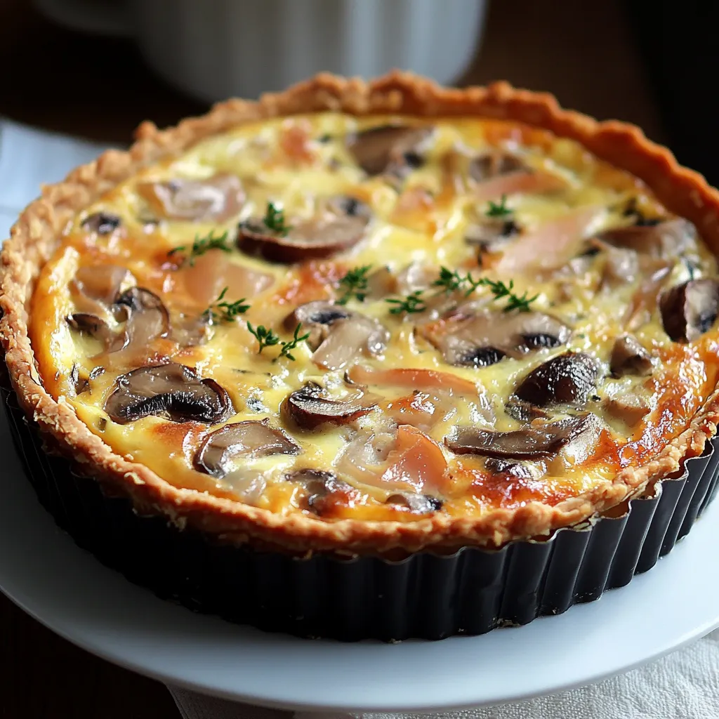 Quiche sans pâte au thon et champignons dorée, servie dans un plat, avec une texture moelleuse et une garniture généreuse.