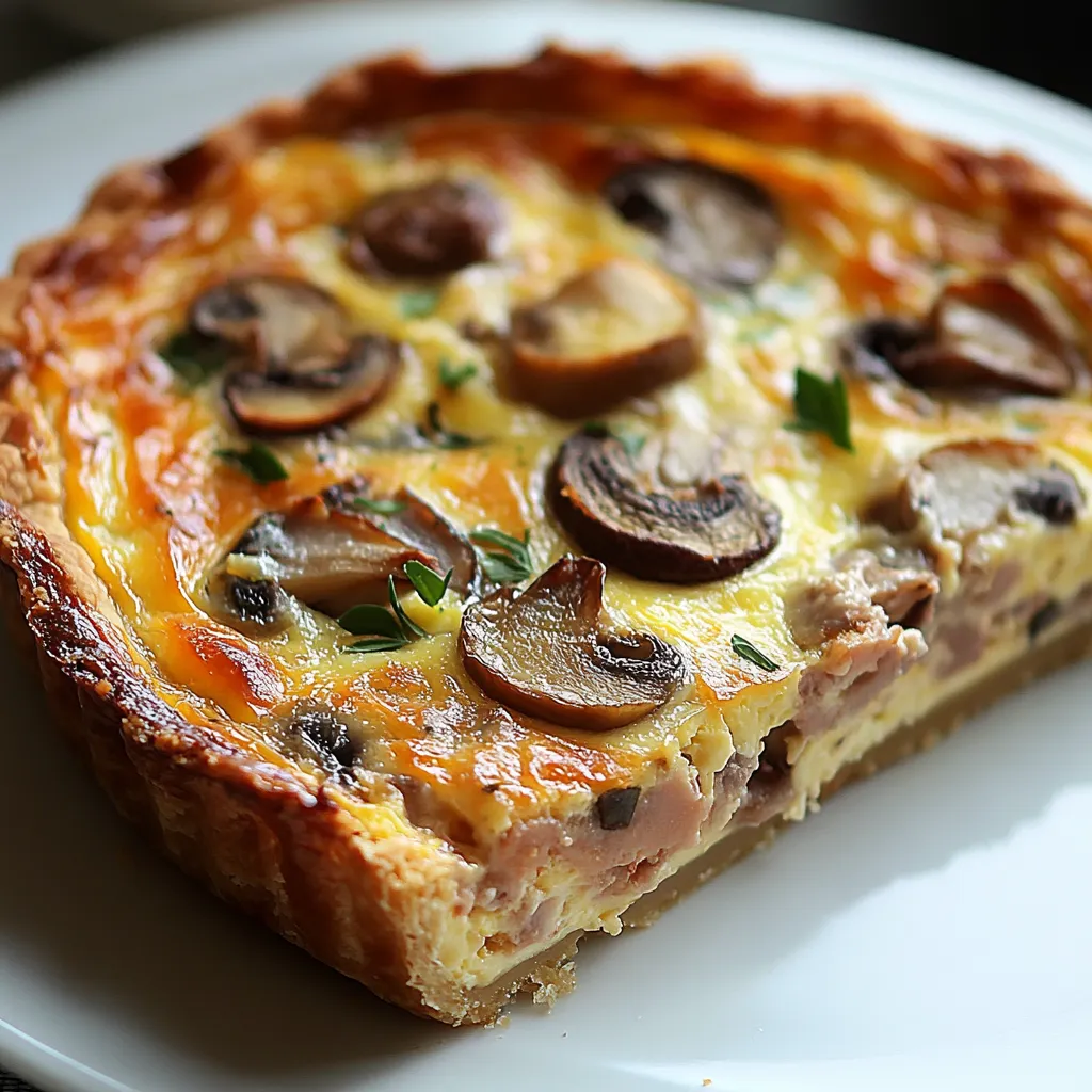 Quiche sans pâte au thon et champignons dorée, servie dans un plat, avec une texture moelleuse et une garniture généreuse.