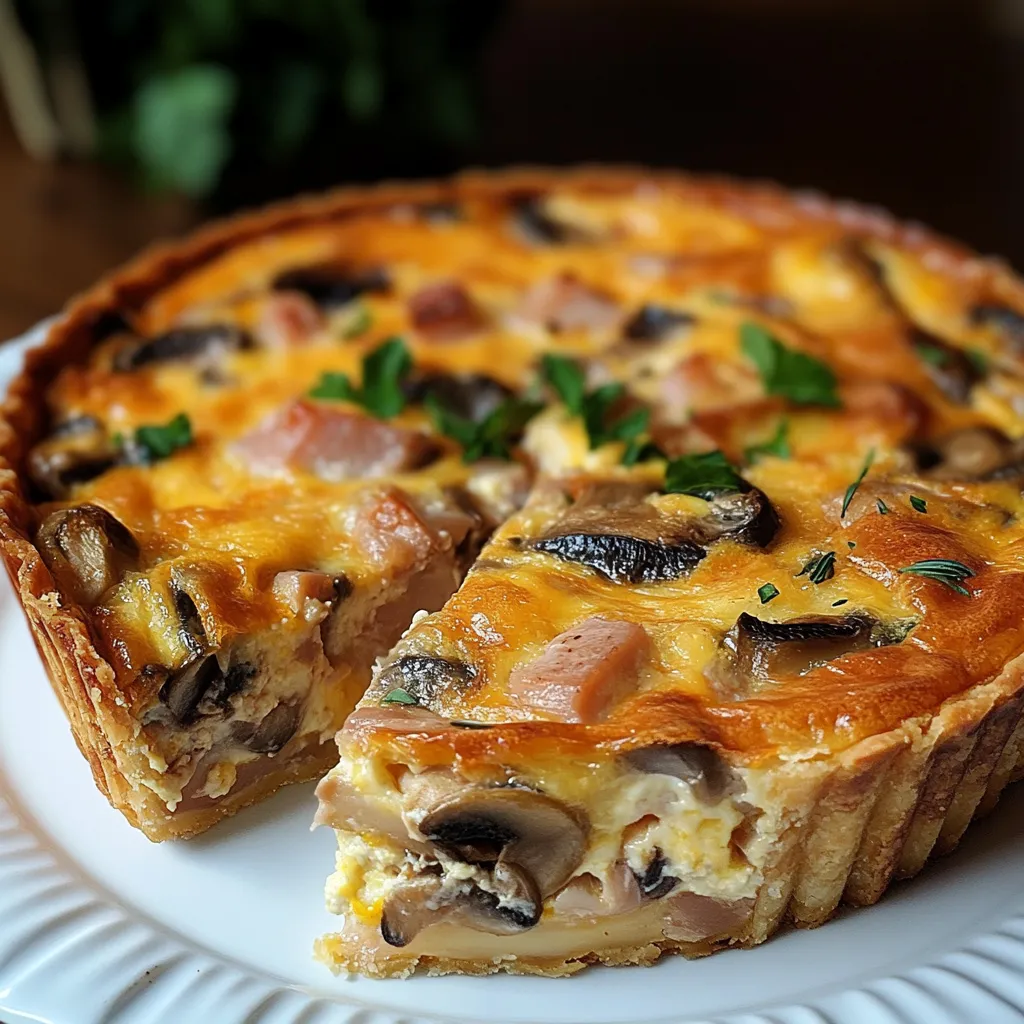 Quiche sans pâte au thon et champignons dorée, servie dans un plat, avec une texture moelleuse et une garniture généreuse.