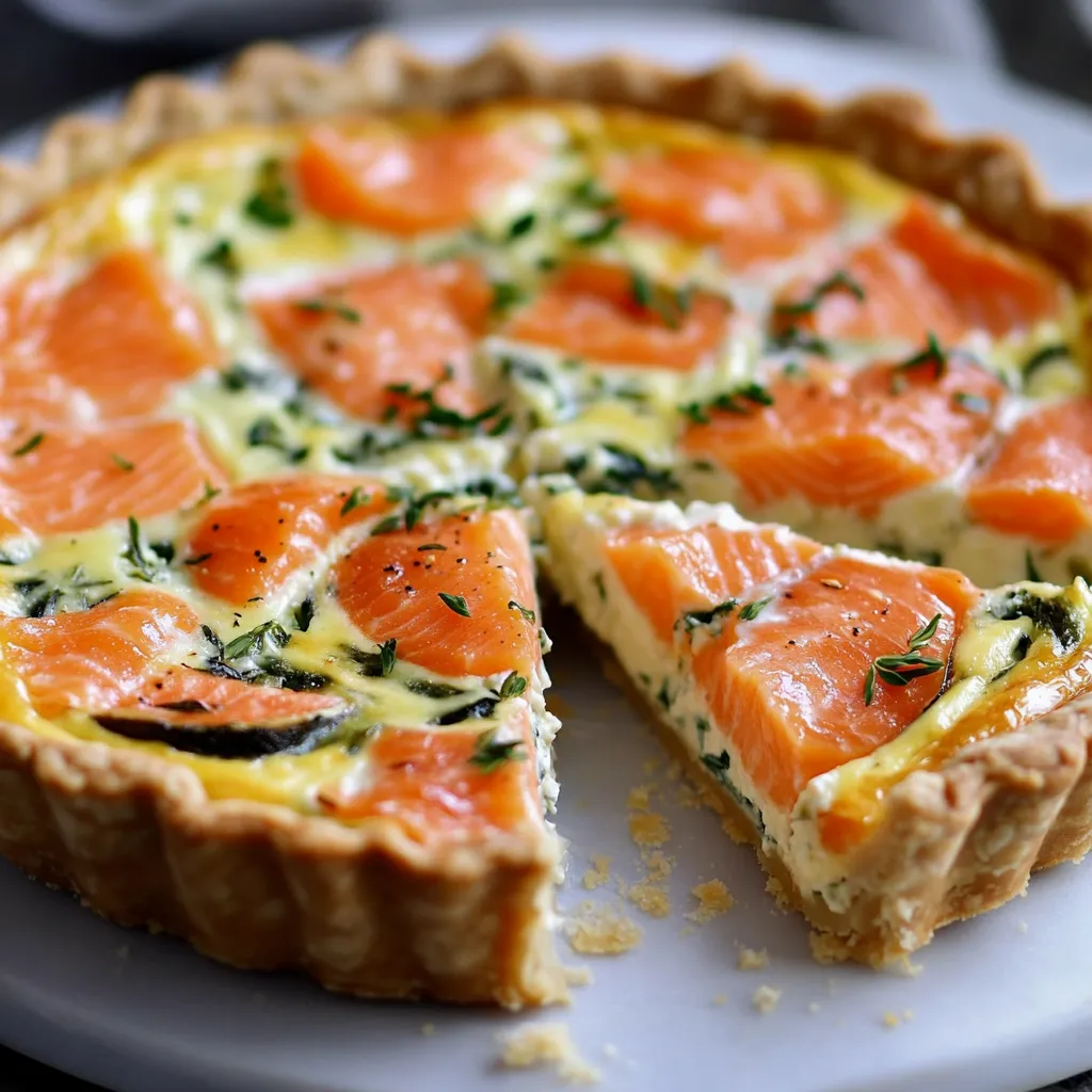 Quiche au saumon et Boursin dorée et crémeuse, servie avec une salade verte.