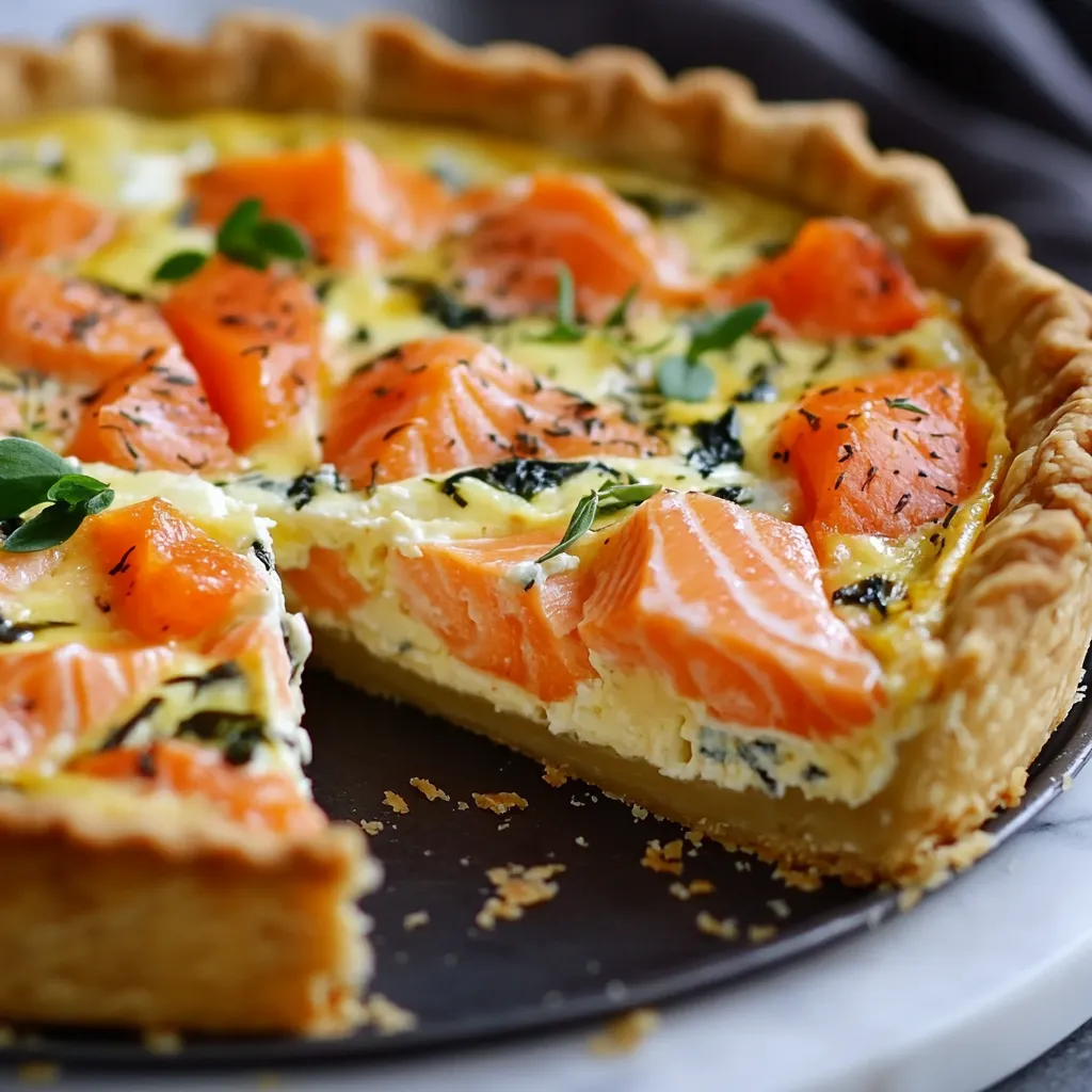 Quiche au saumon et Boursin dorée et crémeuse, servie avec une salade verte.