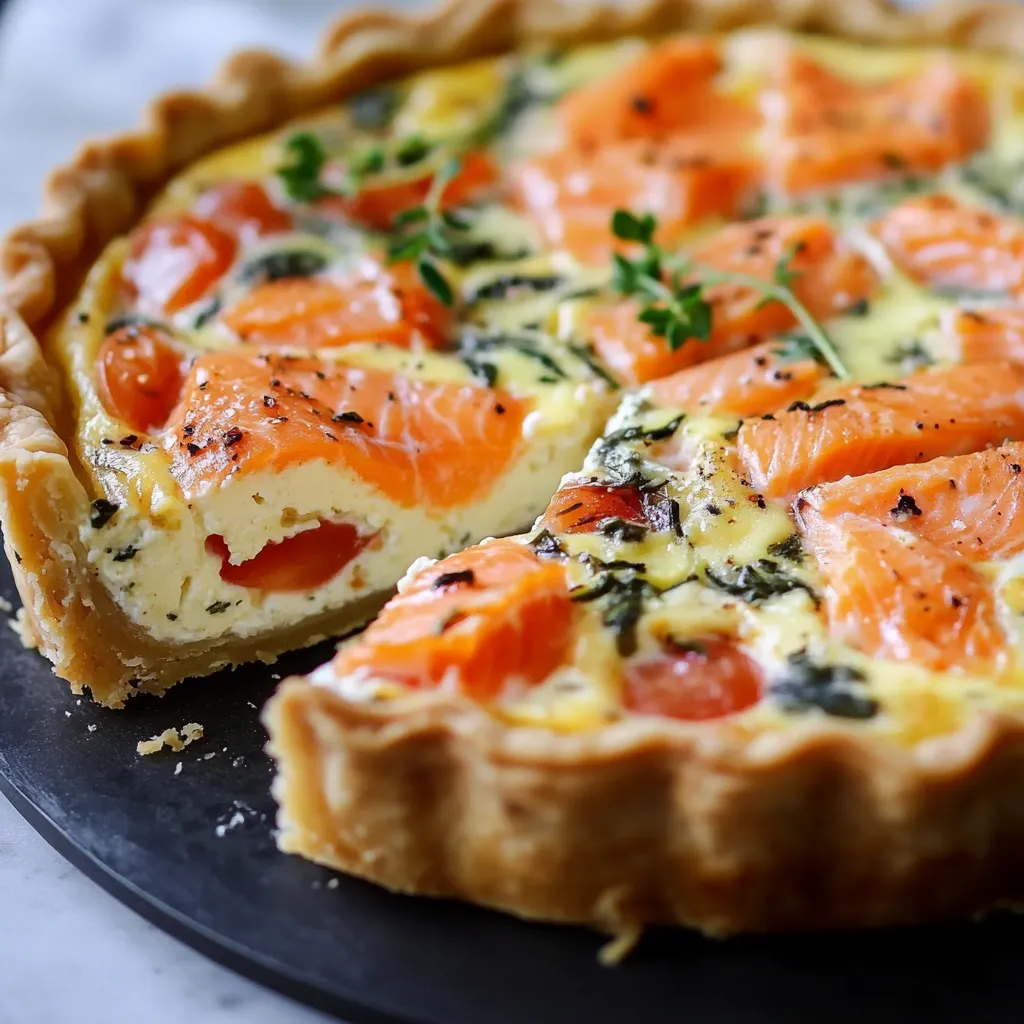 Quiche au saumon et Boursin dorée et crémeuse, servie avec une salade verte.