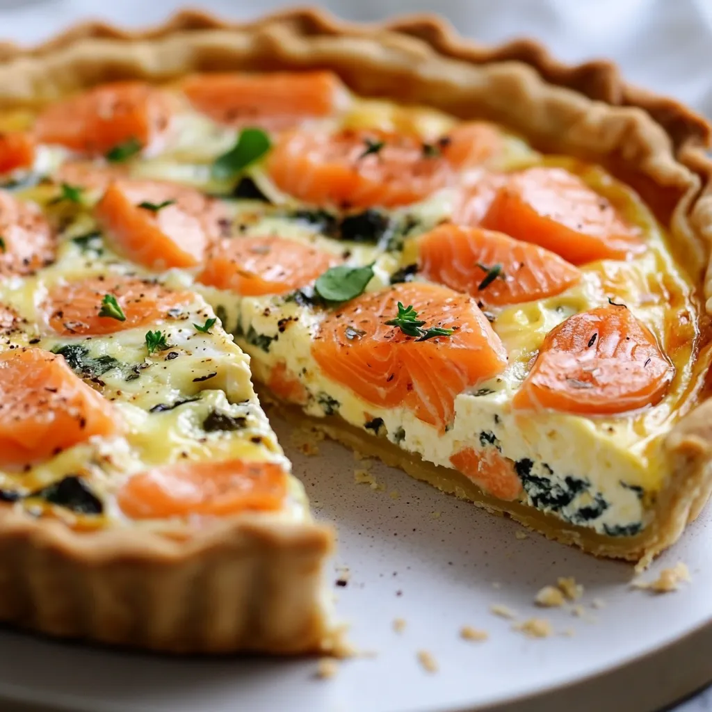Quiche au saumon et Boursin dorée et crémeuse, servie avec une salade verte.