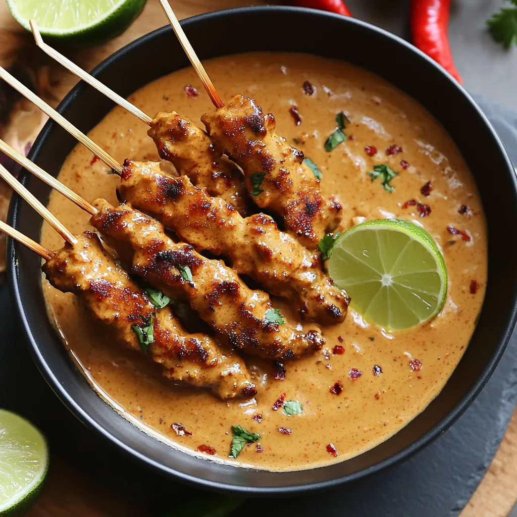 Sauce satay maison onctueuse, servie avec des brochettes de poulet grillé.