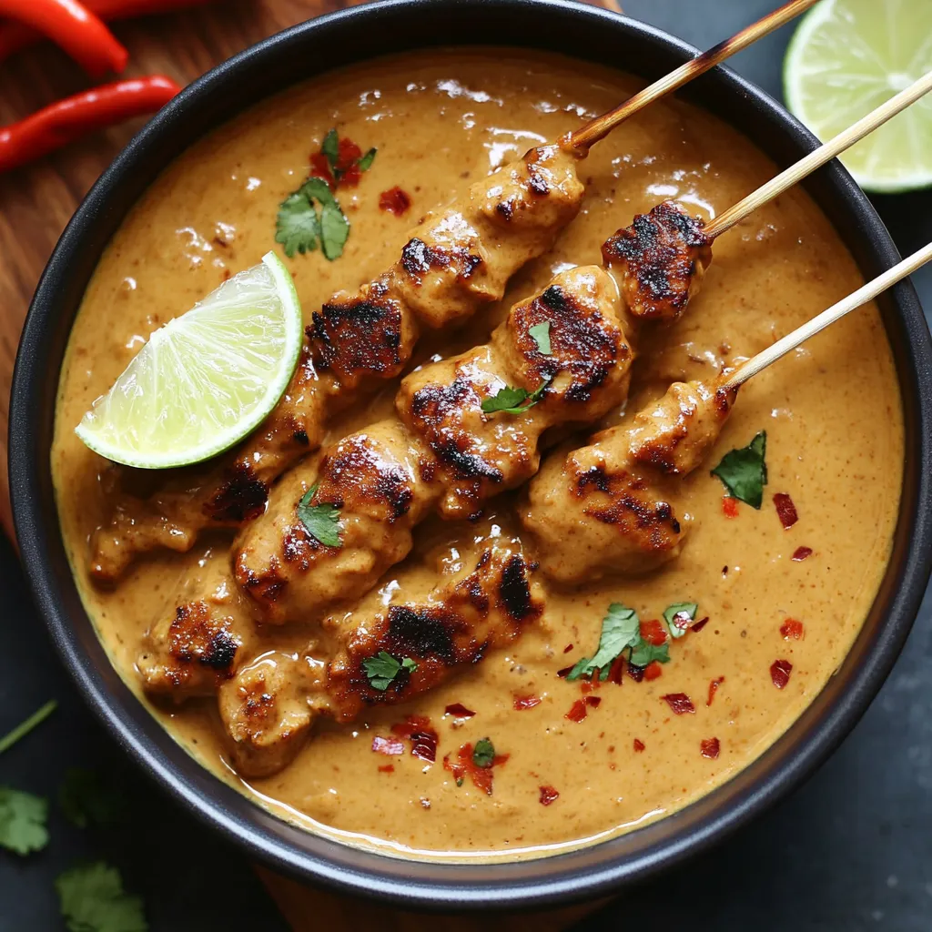 Sauce satay maison onctueuse, servie avec des brochettes de poulet grillé.