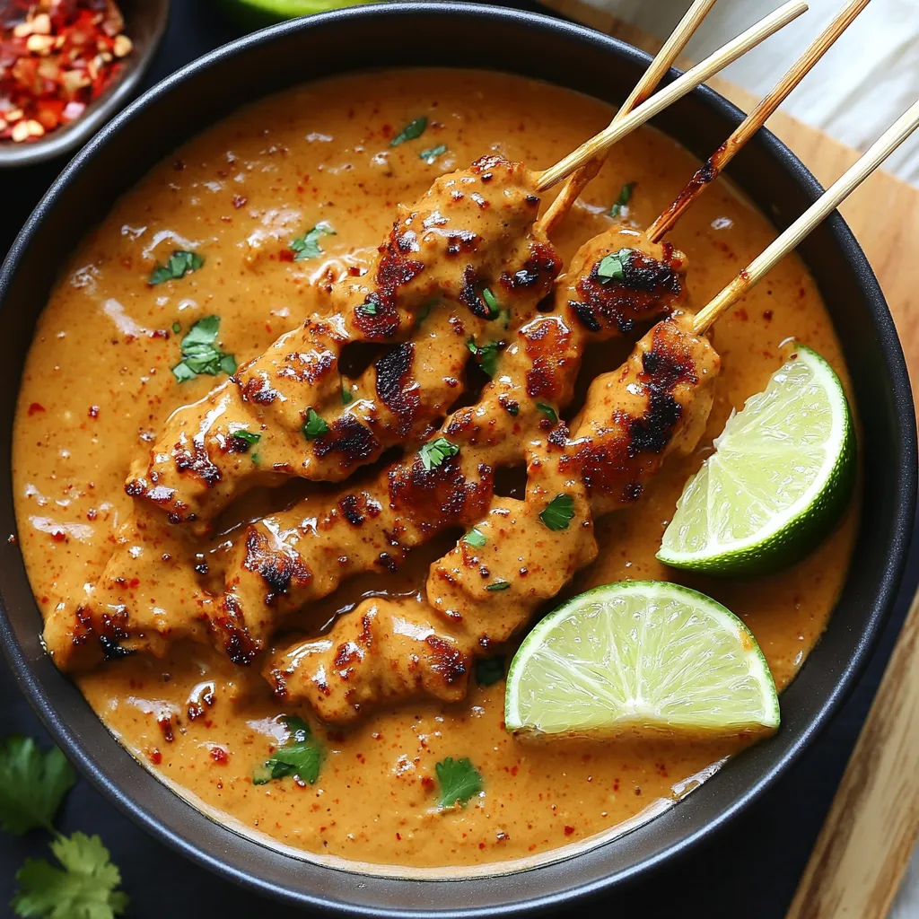 Sauce satay maison onctueuse, servie avec des brochettes de poulet grillé.