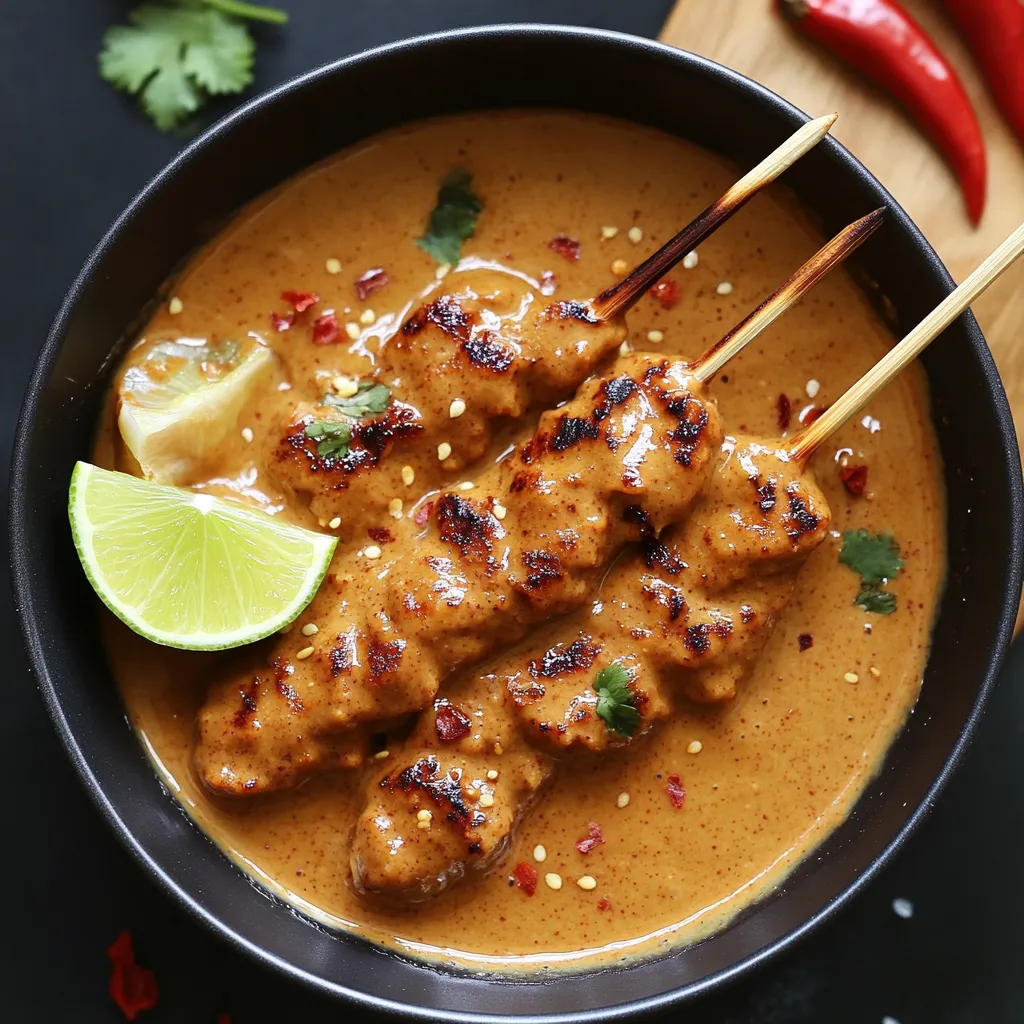 Sauce satay maison onctueuse, servie avec des brochettes de poulet grillé.