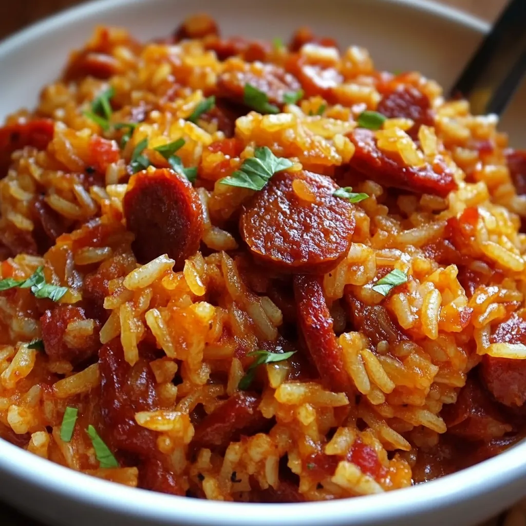 Riz au chorizo et à la tomate servi chaud dans une assiette, garni de persil frais.