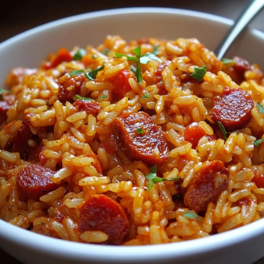 Riz au chorizo et à la tomate servi chaud dans une assiette, garni de persil frais.