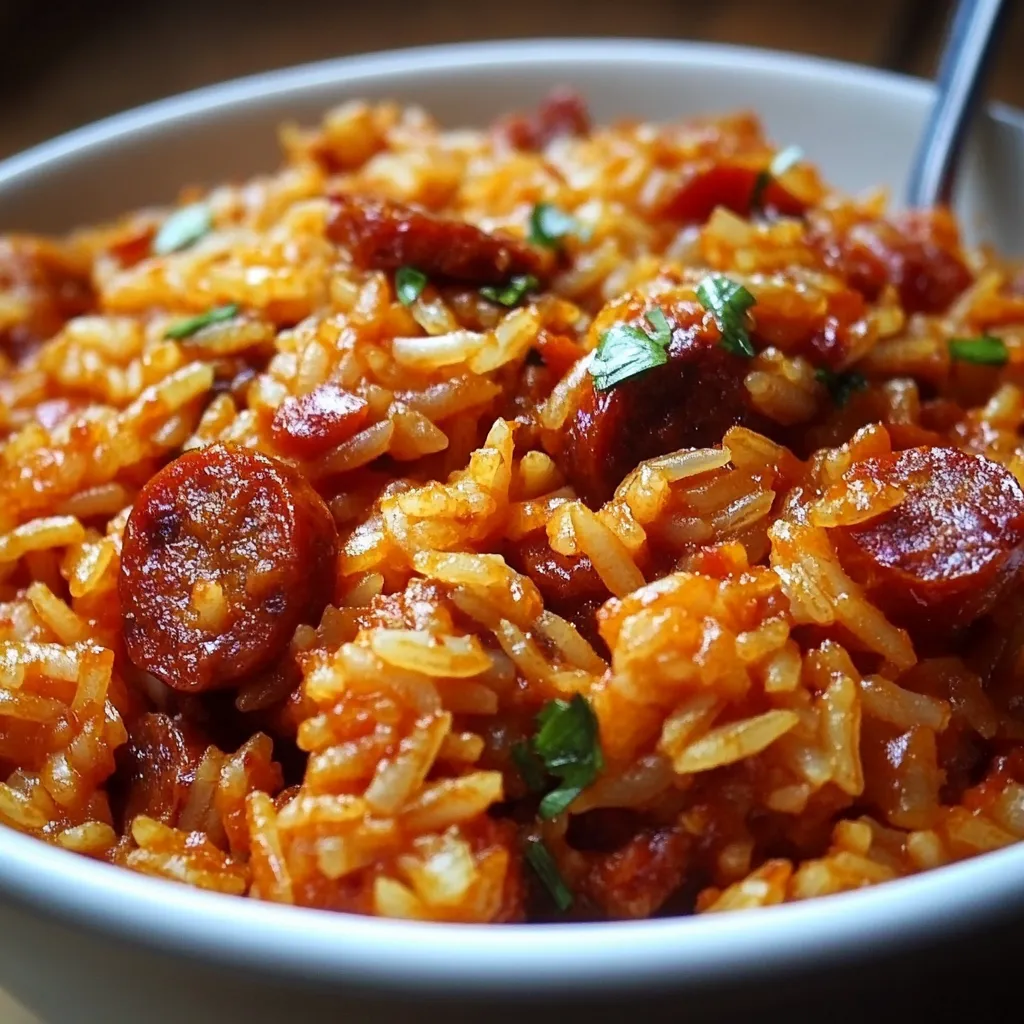 Riz au chorizo et à la tomate servi chaud dans une assiette, garni de persil frais.