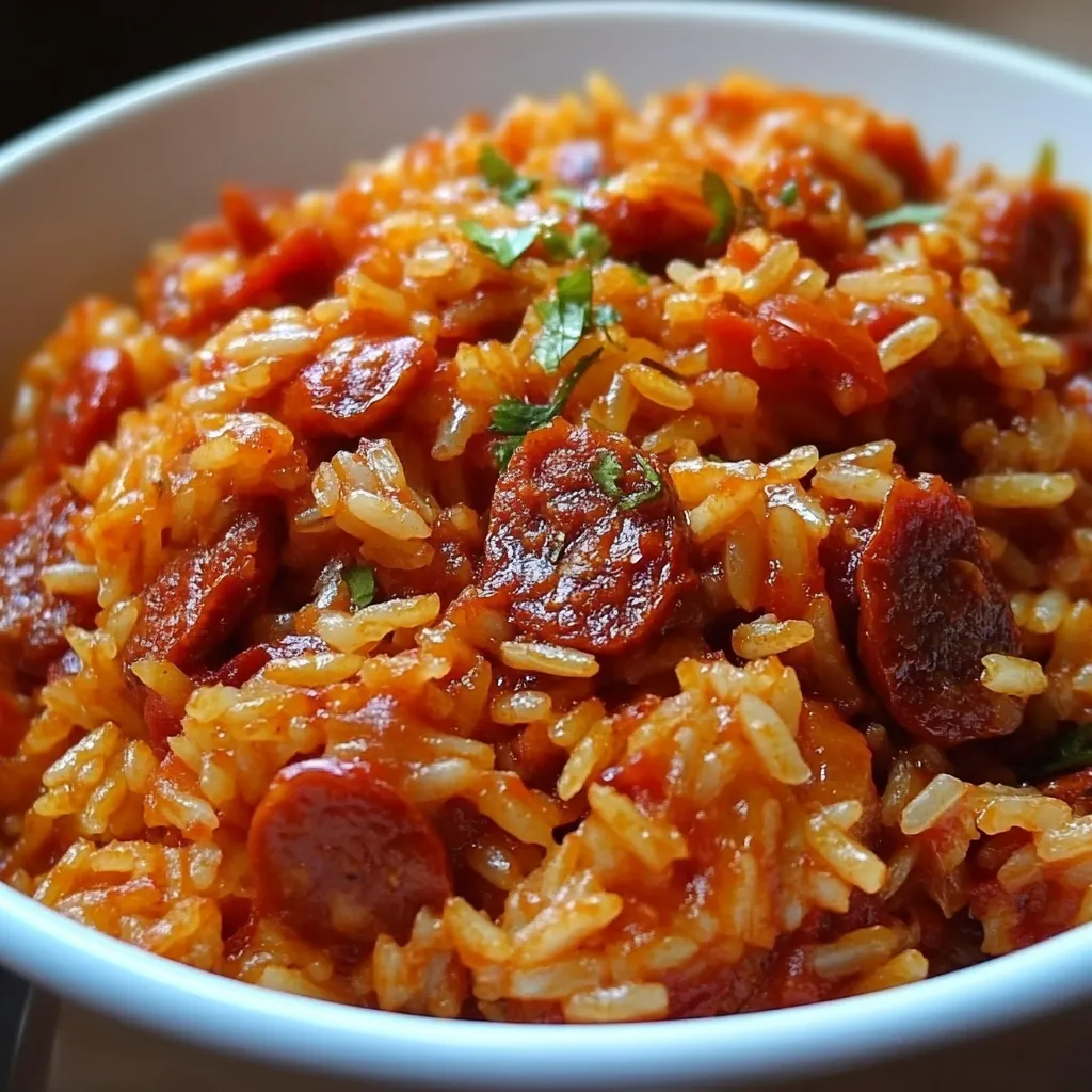 Riz au chorizo et à la tomate servi chaud dans une assiette, garni de persil frais.