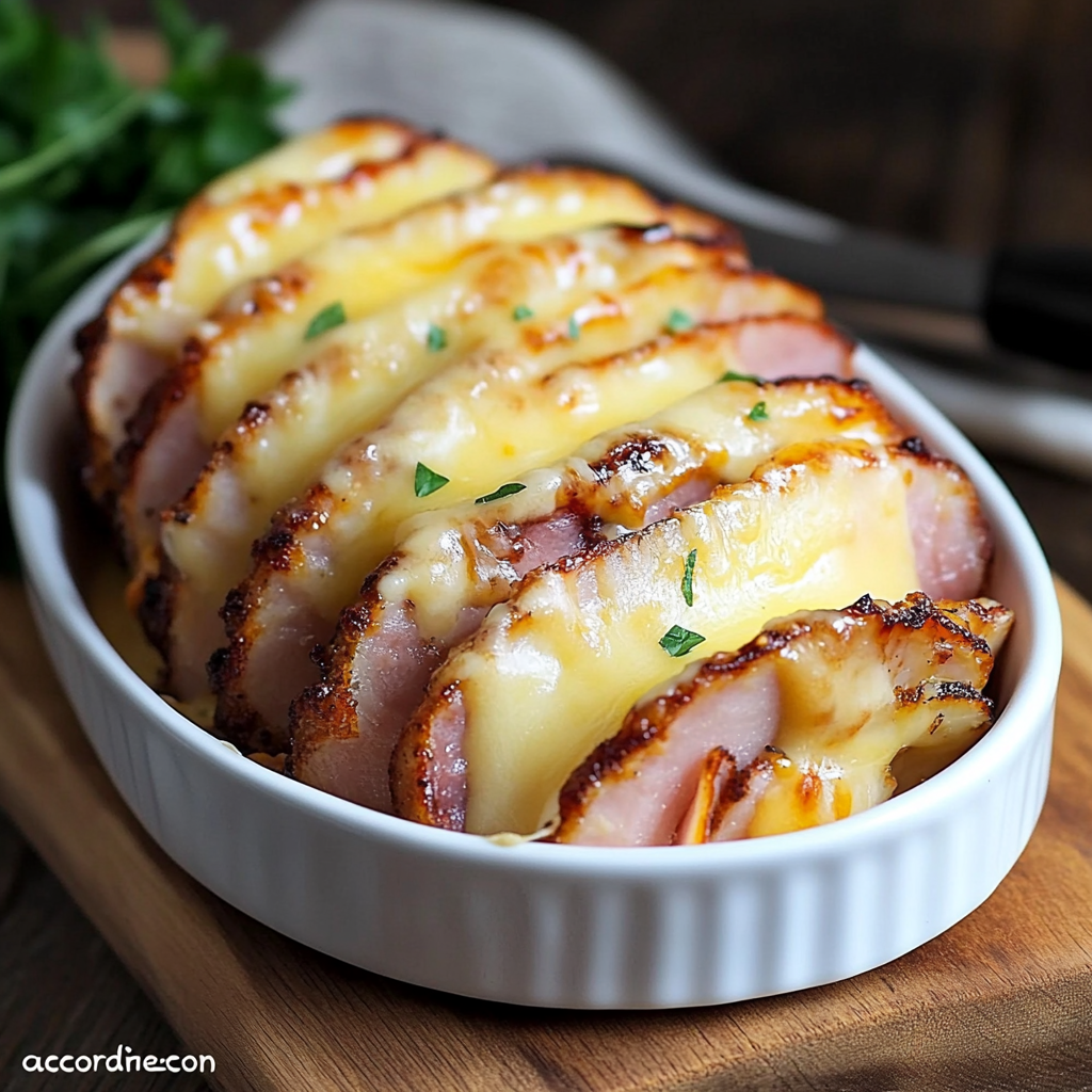 Pommes de terre rôties garnies de jambon de poulet et de fromage fondu, gratinées au four avec une sauce crémeuse et des herbes.