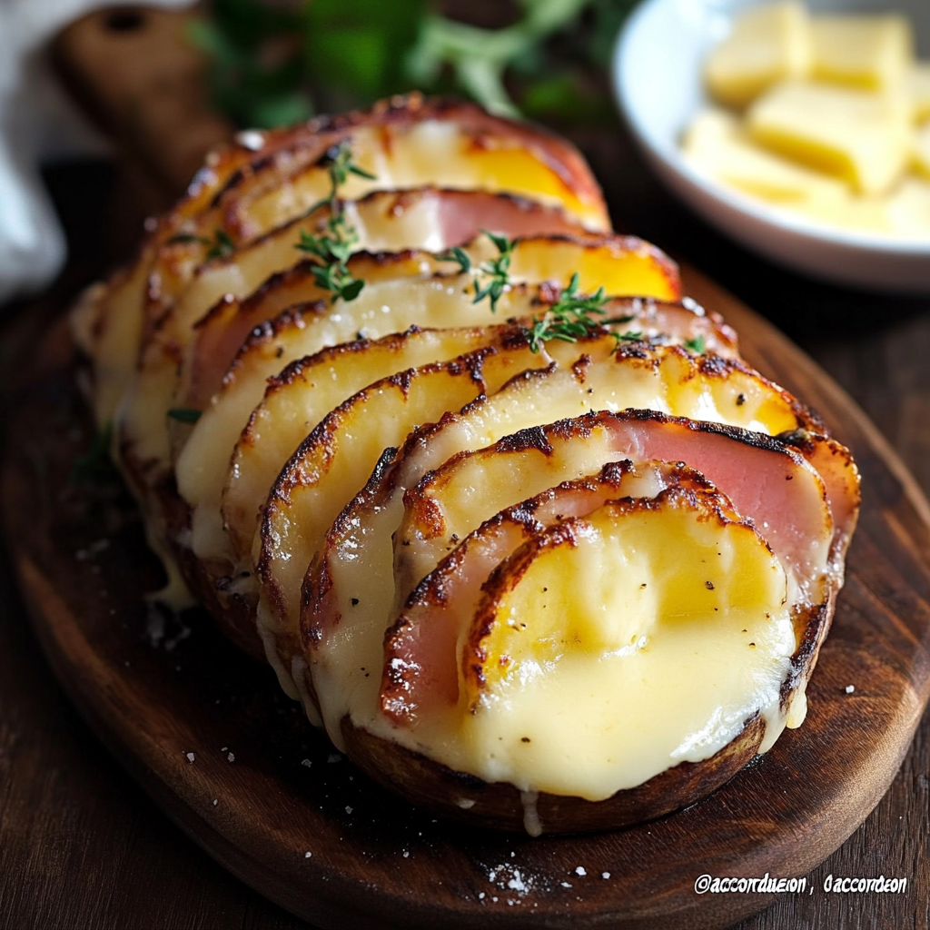 Pommes de terre rôties garnies de jambon de poulet et de fromage fondu, gratinées au four avec une sauce crémeuse et des herbes.