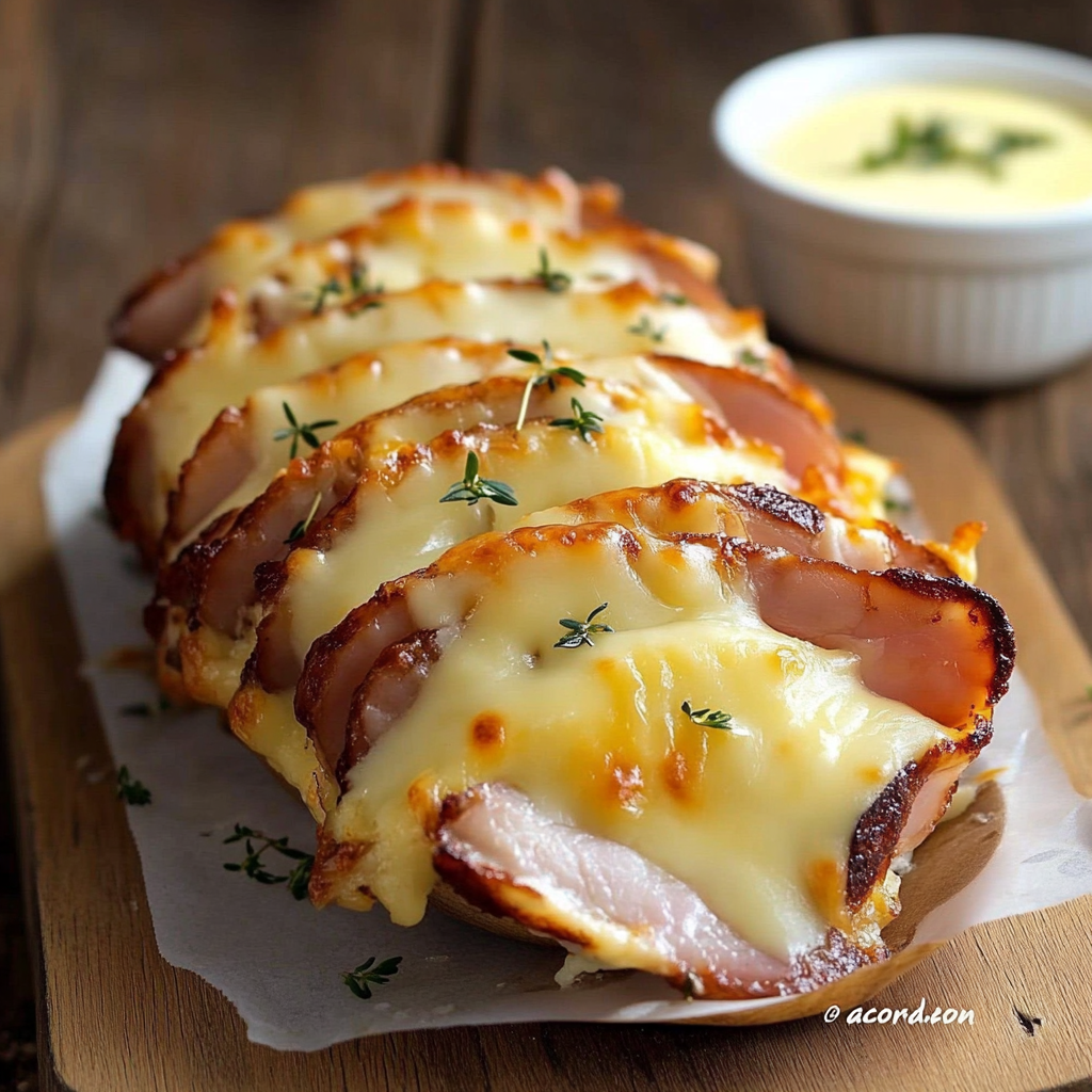 Pommes de terre rôties garnies de jambon de poulet et de fromage fondu, gratinées au four avec une sauce crémeuse et des herbes.
