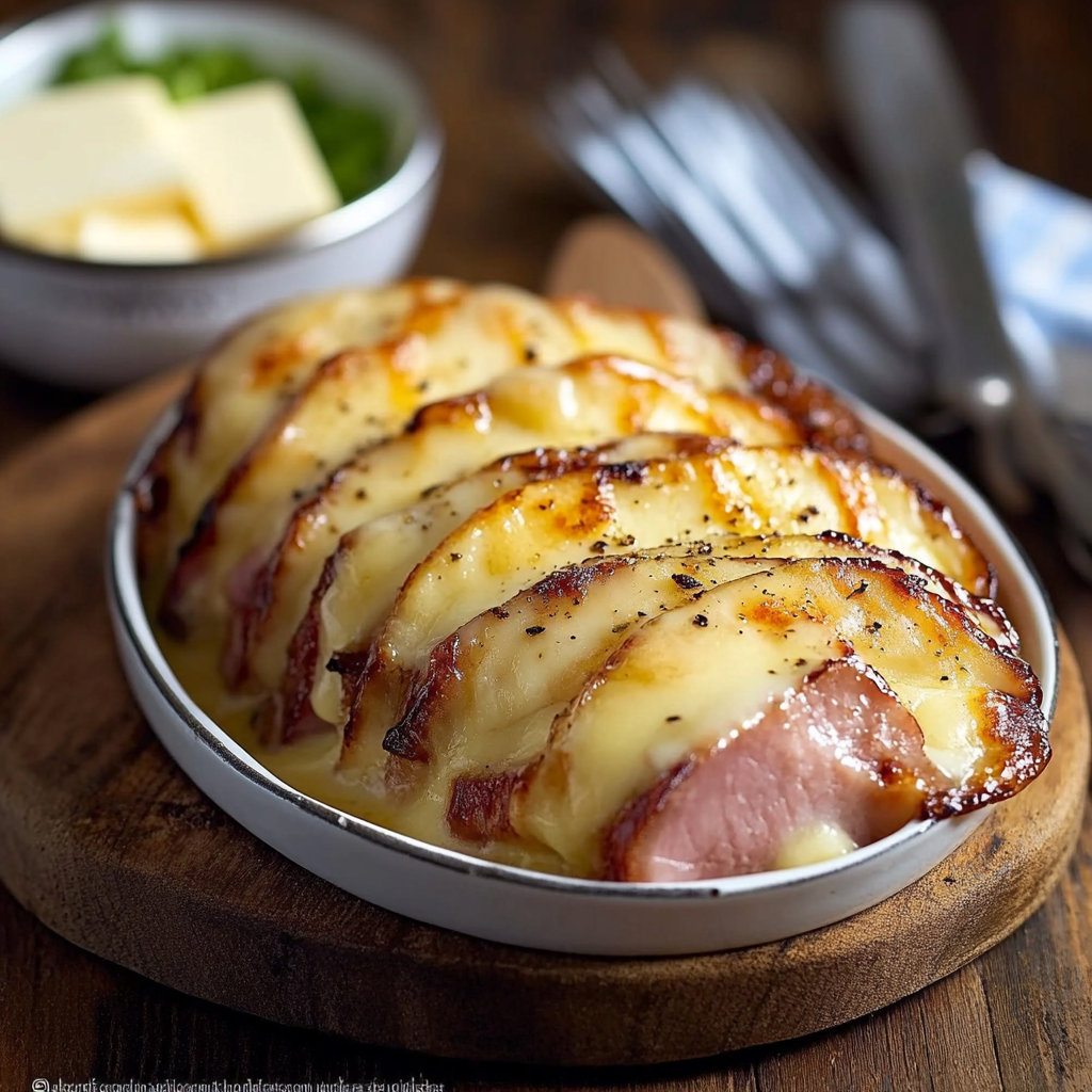 Pommes de terre rôties garnies de jambon de poulet et de fromage fondu, gratinées au four avec une sauce crémeuse et des herbes.