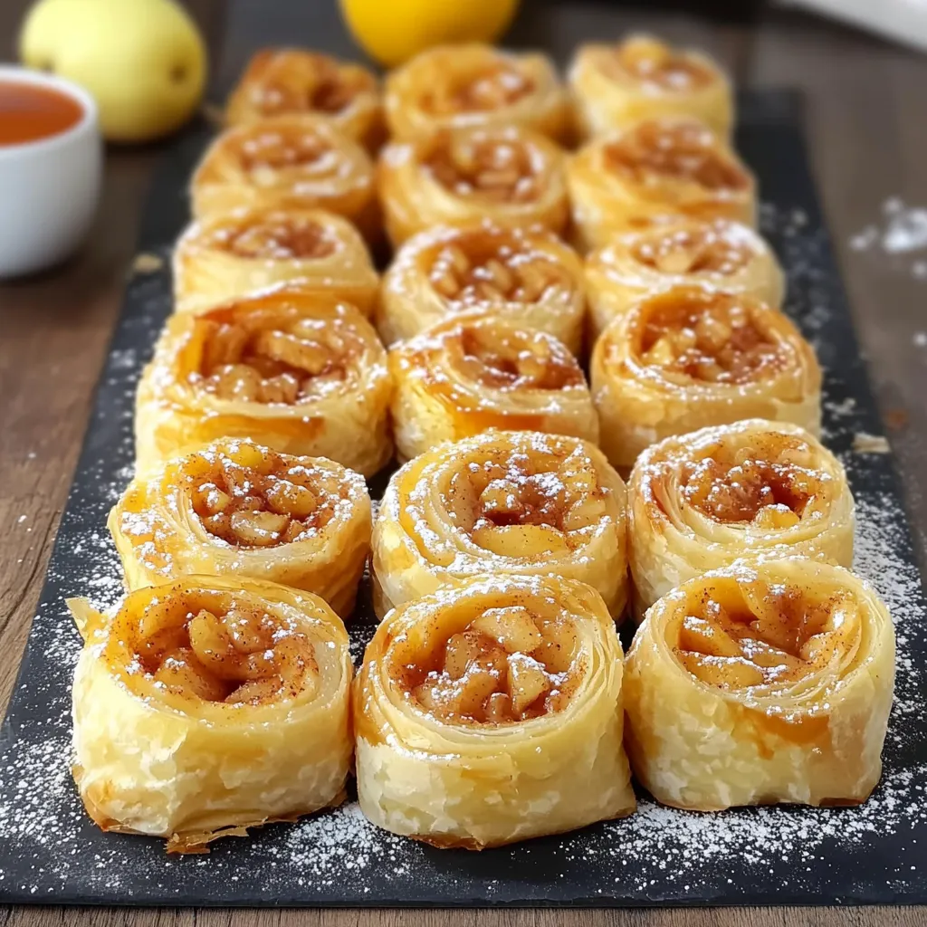Roulés feuilletés aux pommes dorés et croustillants, saupoudrés de sucre glace, disposés sur une assiette en bois.