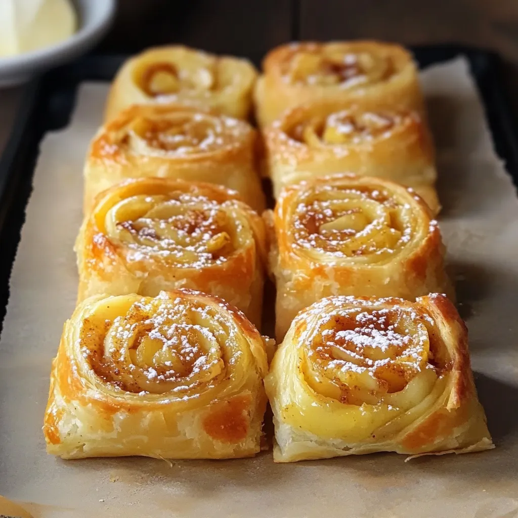 Roulés feuilletés aux pommes dorés et croustillants, saupoudrés de sucre glace, disposés sur une assiette en bois.