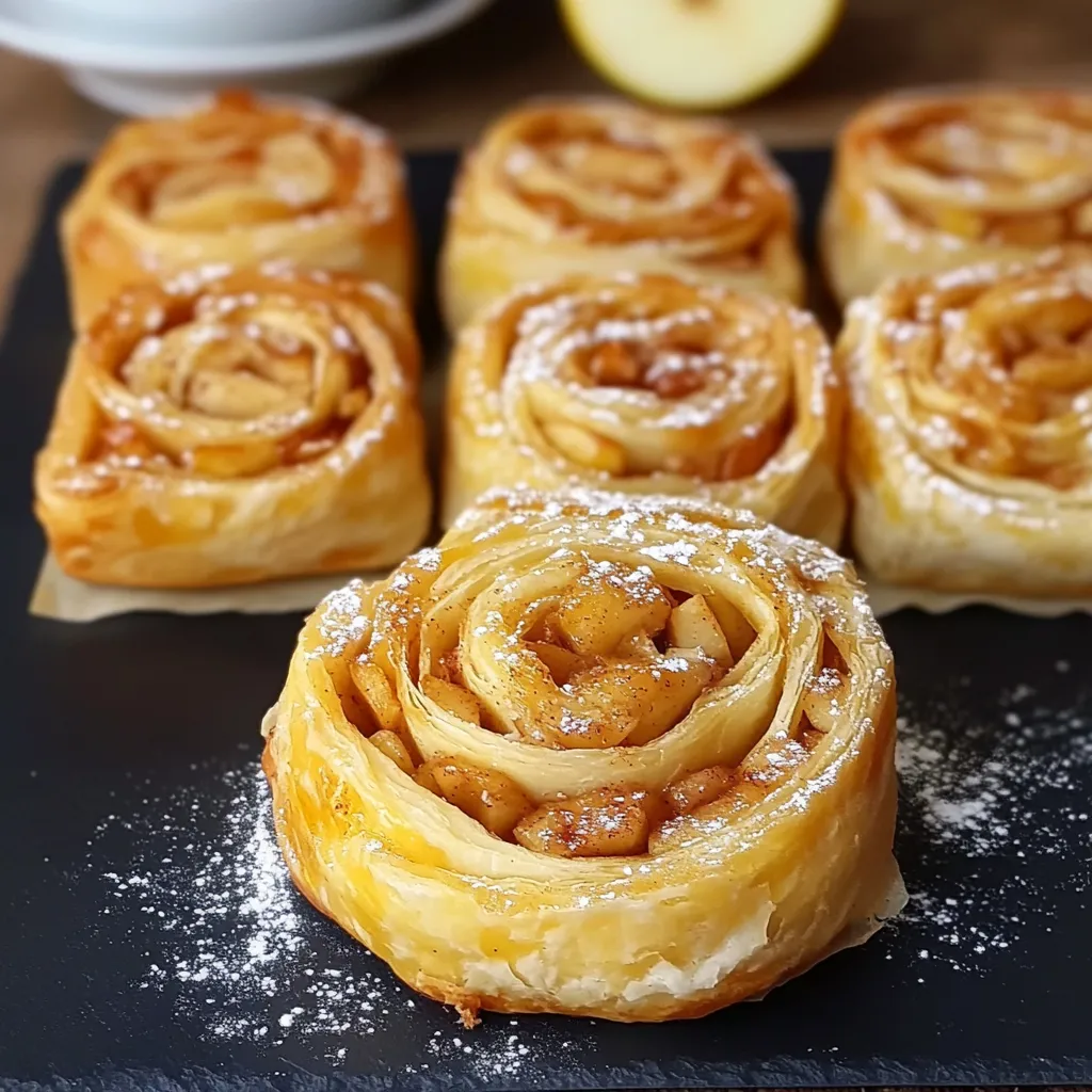 Roulés feuilletés aux pommes dorés et croustillants, saupoudrés de sucre glace, disposés sur une assiette en bois.