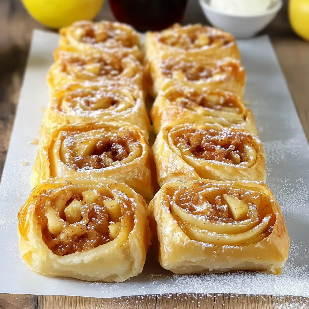 Roulés feuilletés aux pommes dorés et croustillants, saupoudrés de sucre glace, disposés sur une assiette en bois.
