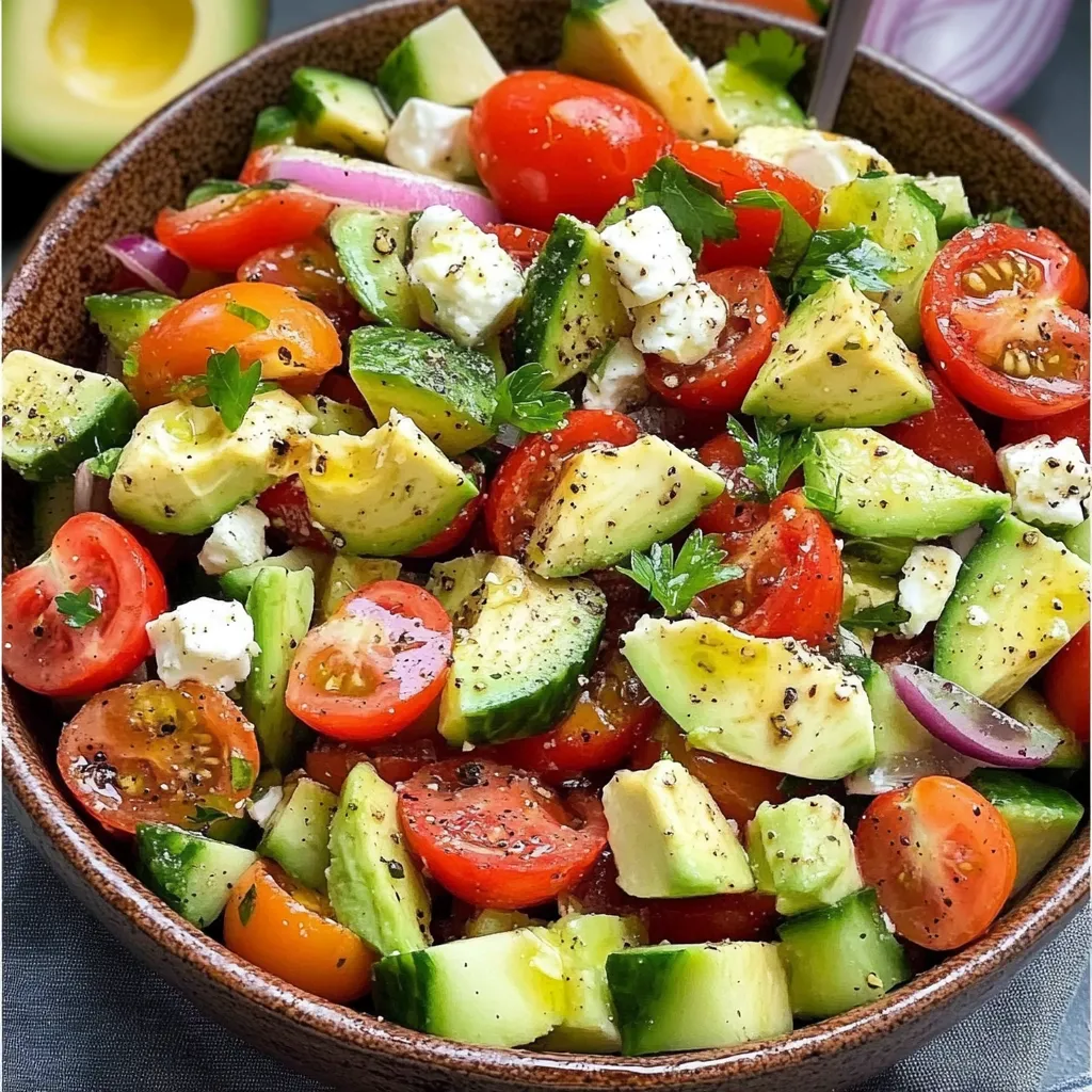Salade fraîche et saine composée de concombre, avocat, tomates cerises, roquette et graines de chia, parfaite pour une digestion légère.