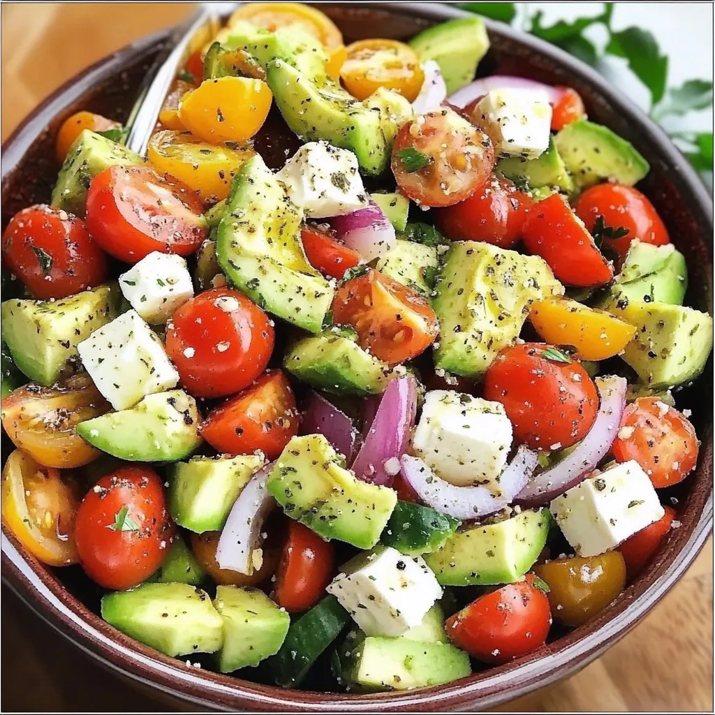 Salade fraîche et saine composée de concombre, avocat, tomates cerises, roquette et graines de chia, parfaite pour une digestion légère.