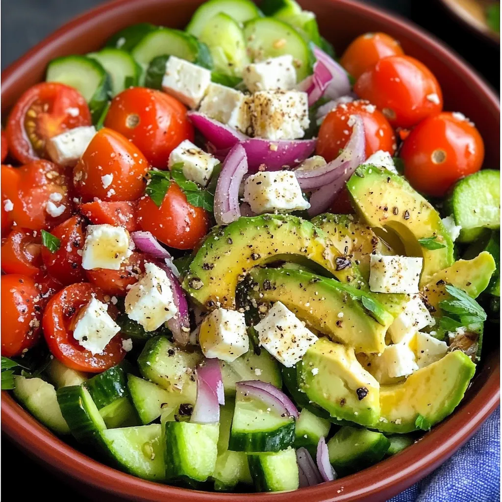 Salade fraîche et saine composée de concombre, avocat, tomates cerises, roquette et graines de chia, parfaite pour une digestion légère.
