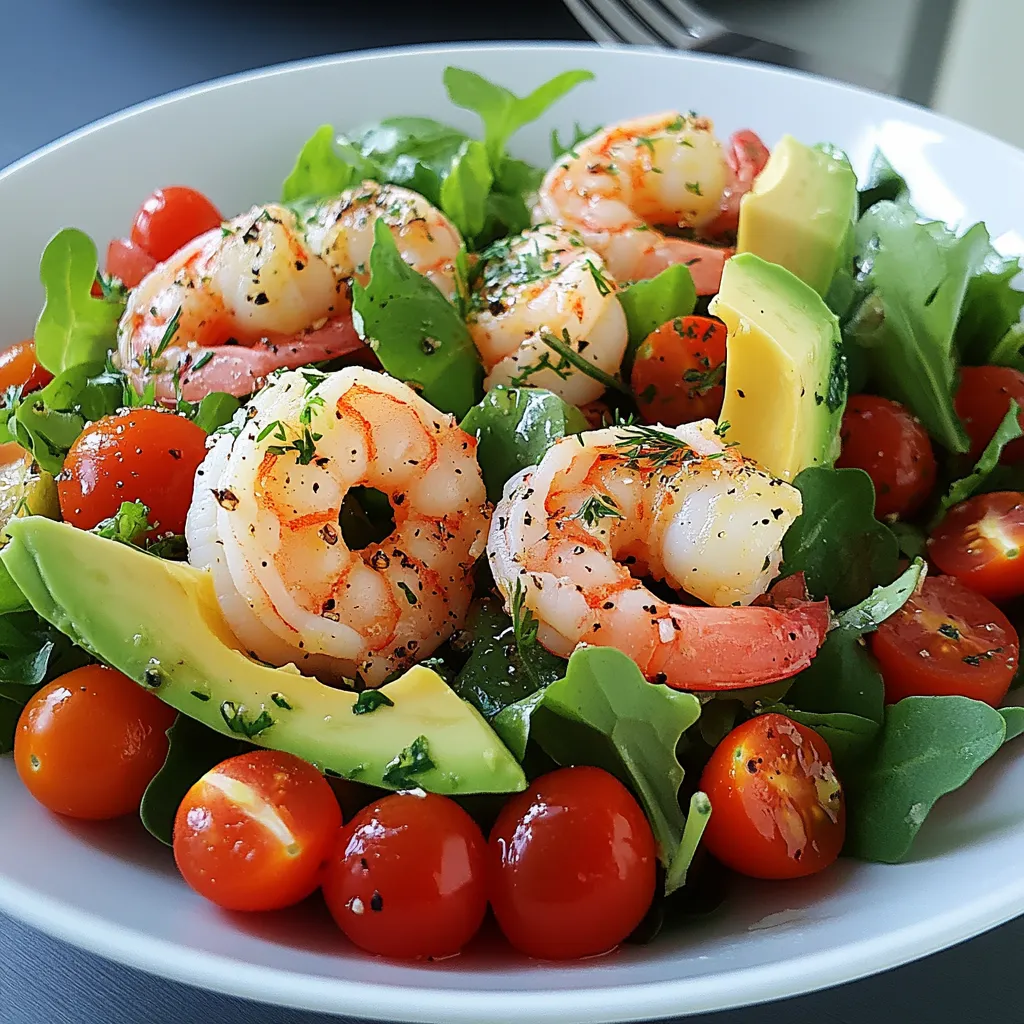 Salade fraîcheur servie dans une assiette avec mesclun, avocat, tomates cerises et crevettes, accompagnée d’une vinaigrette citronnée.