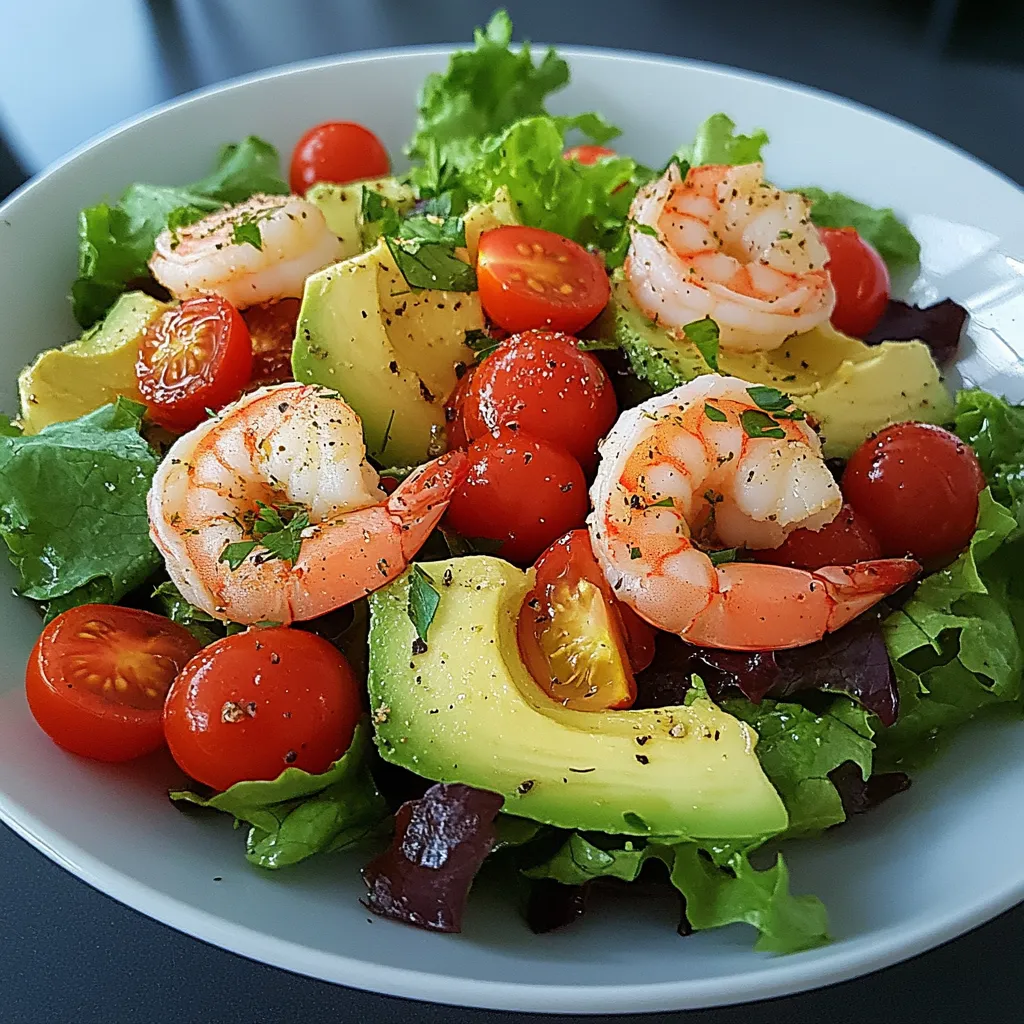 Salade fraîcheur servie dans une assiette avec mesclun, avocat, tomates cerises et crevettes, accompagnée d’une vinaigrette citronnée.