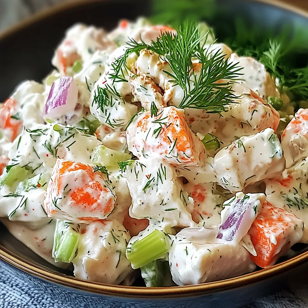 Salade de crabe et fruits de mer servie dans un bol, garnie d’aneth frais et accompagnée de tranches de citron.