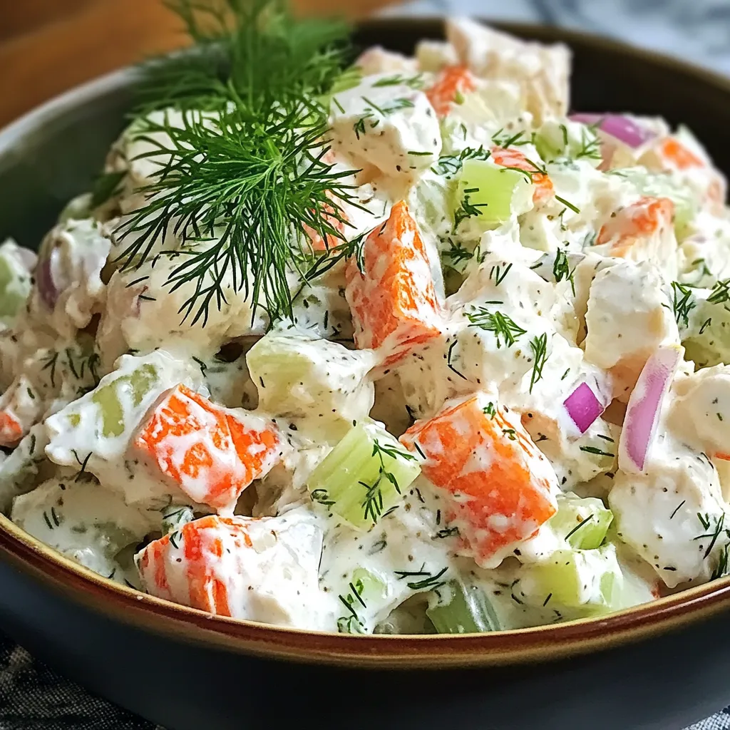 Salade de crabe et fruits de mer servie dans un bol, garnie d’aneth frais et accompagnée de tranches de citron.