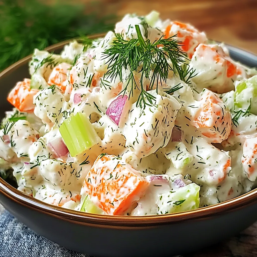 Salade de crabe et fruits de mer servie dans un bol, garnie d’aneth frais et accompagnée de tranches de citron.