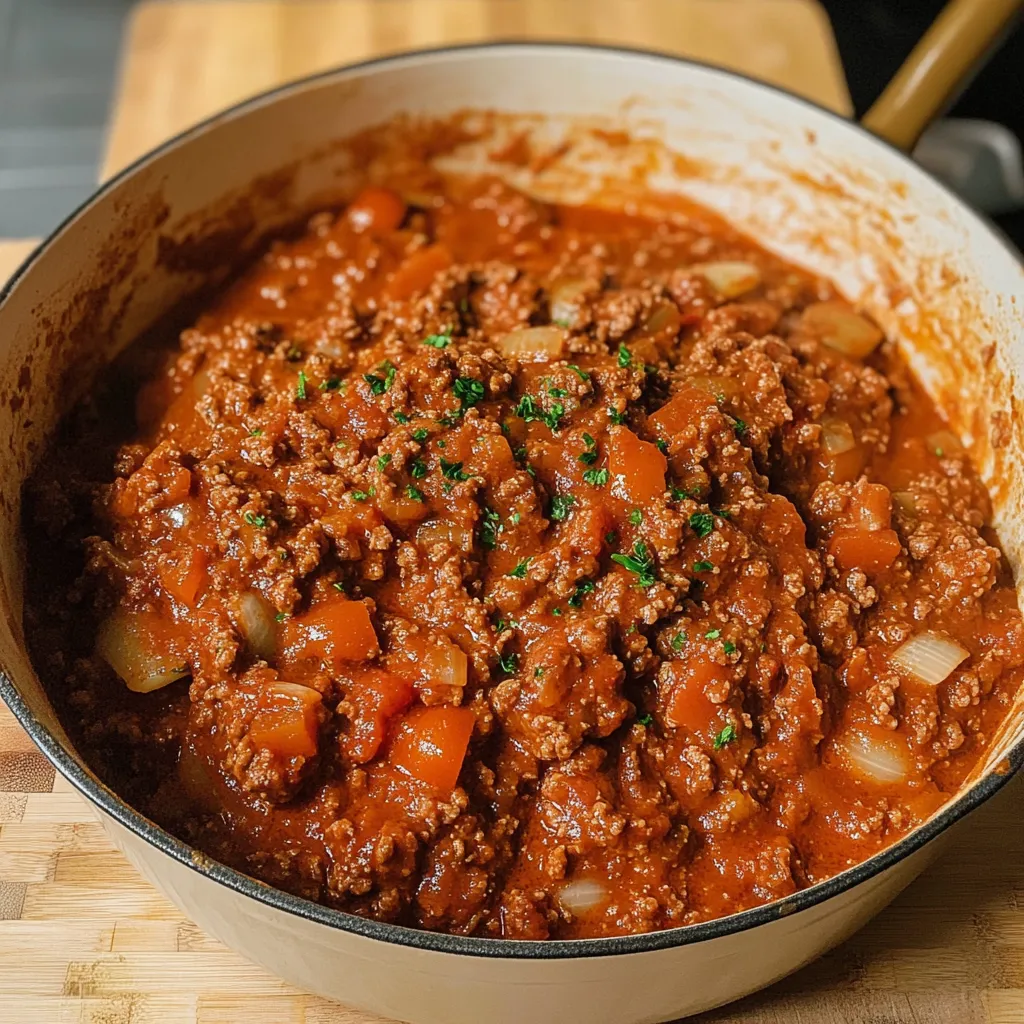 Une assiette de spaghetti nappée de sauce bolognaise maison, garnie de parmesan râpé et d’herbes fraîches.